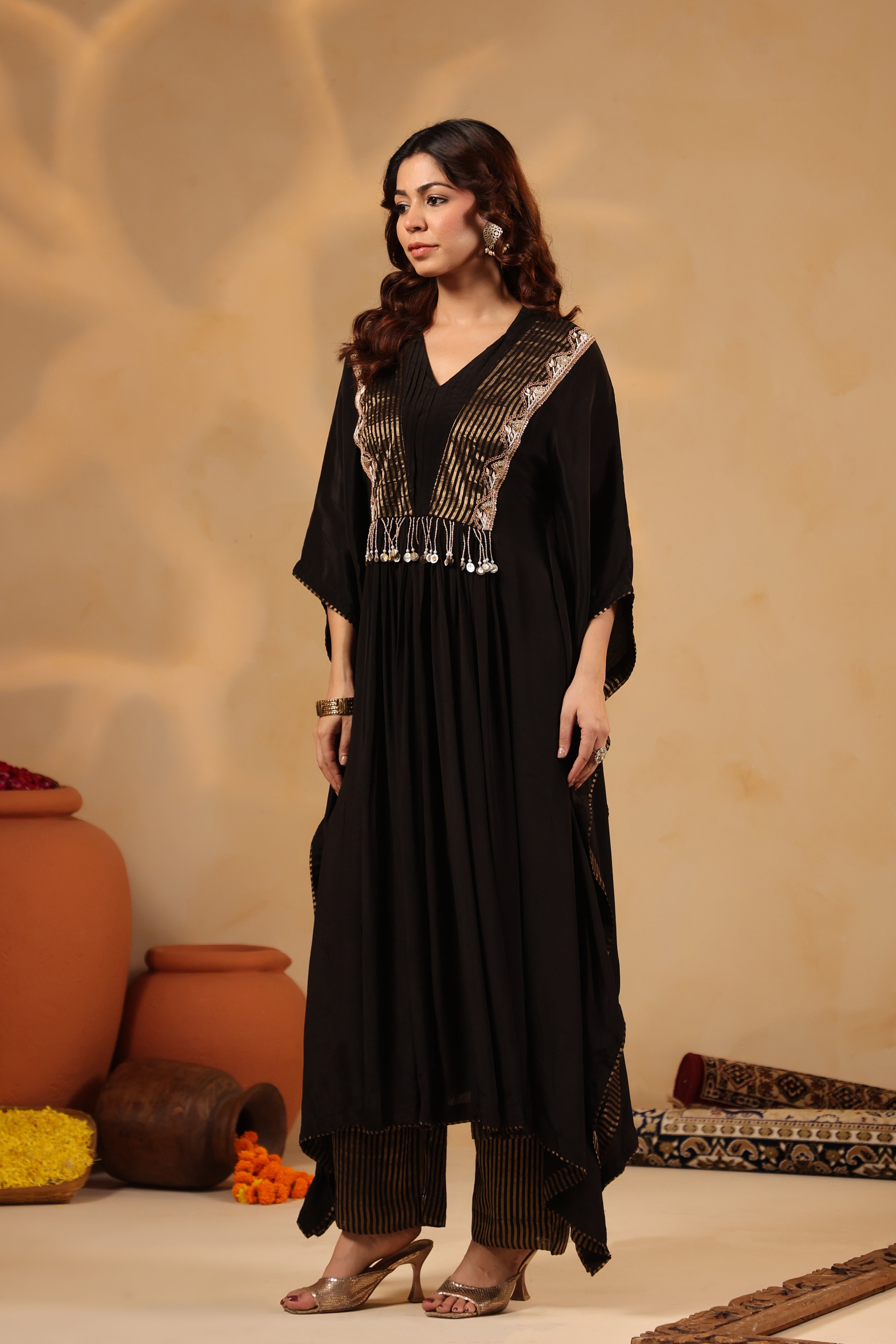Black Embellished Kaftan with Pant Set