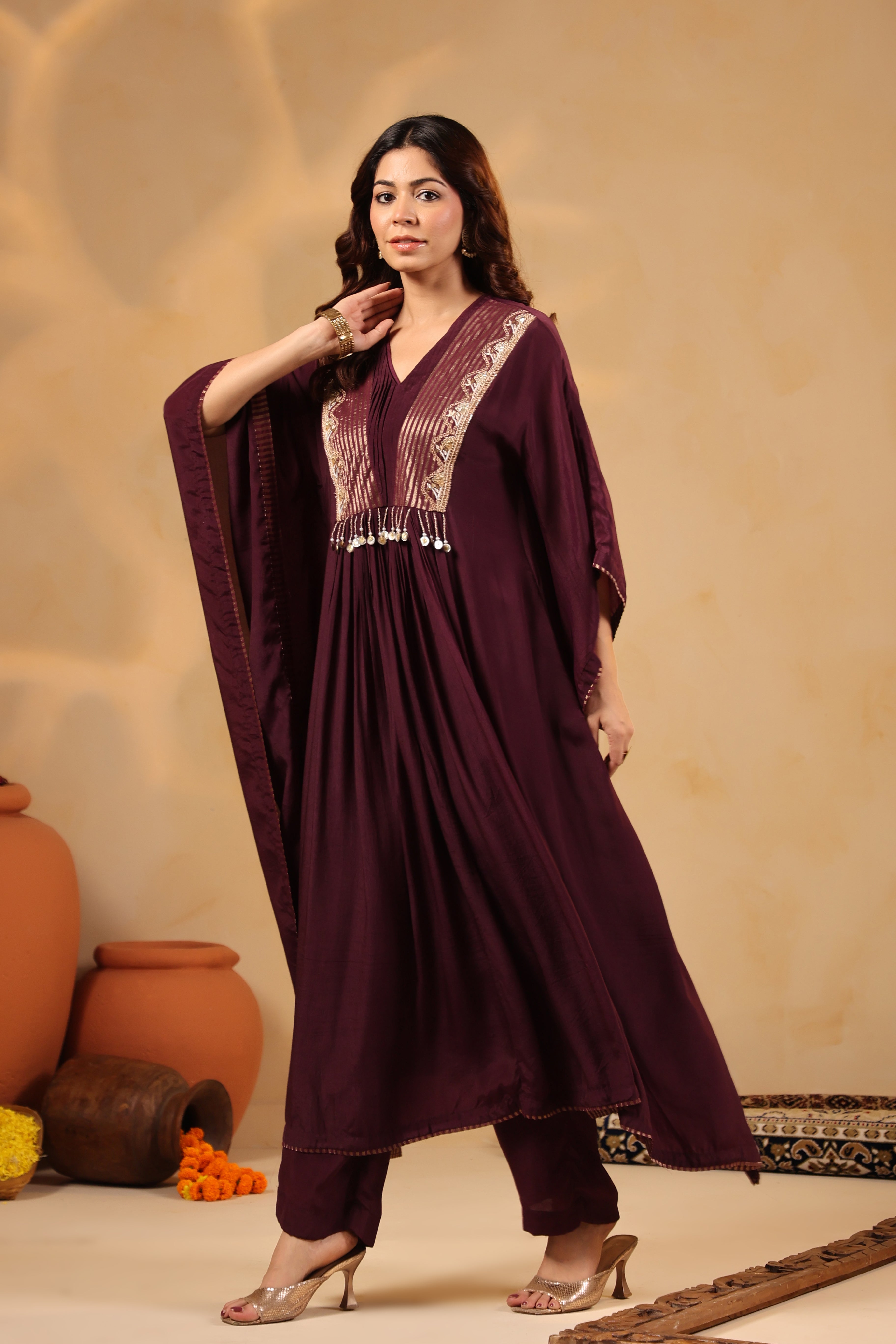Plum Embellished Kaftan with Pant Set