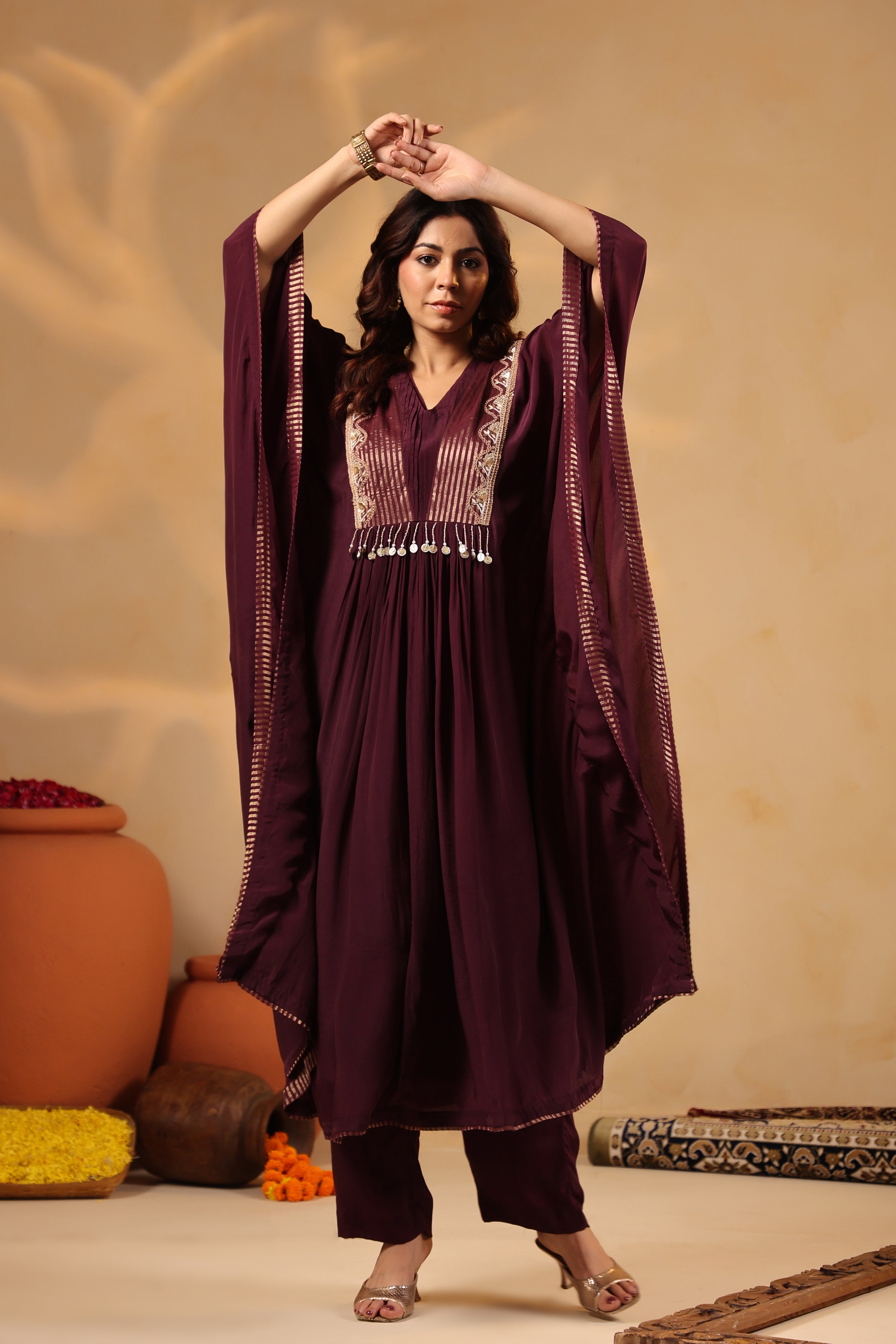 Plum Embellished Kaftan with Pant Set