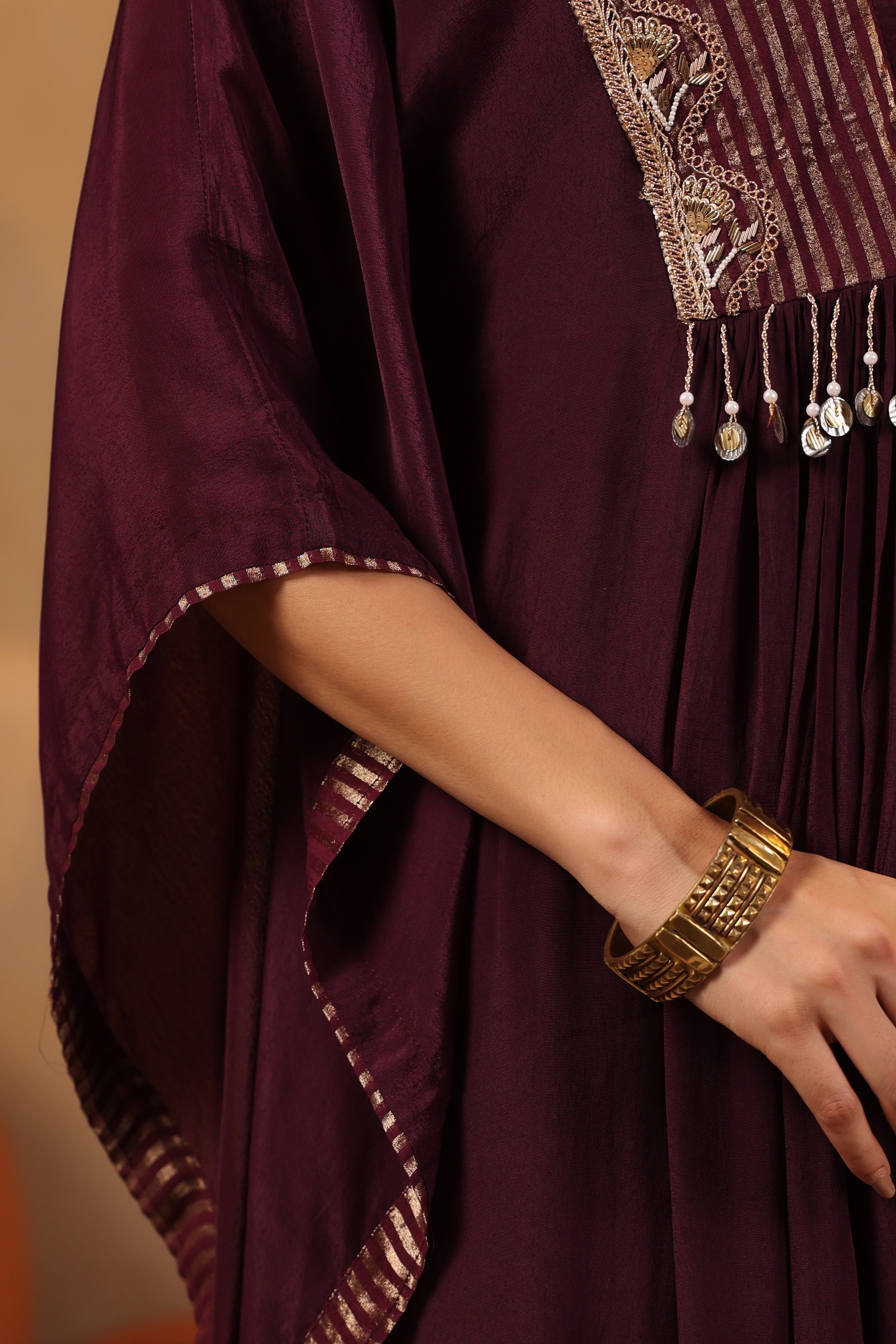 Plum Embellished Kaftan with Pant Set