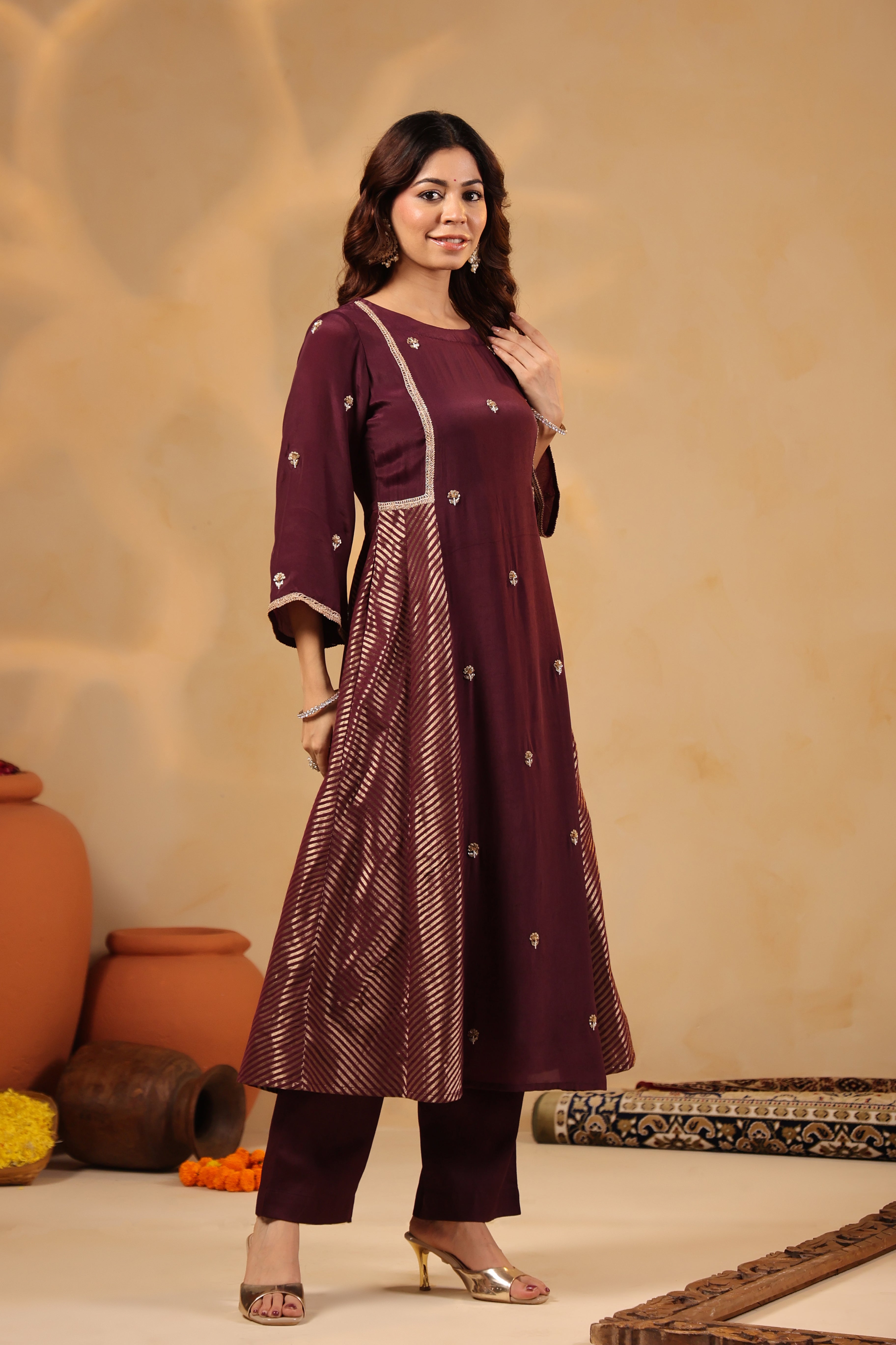 Saanjh Chevron Plum Panel Kurta and Pant with Dupatta