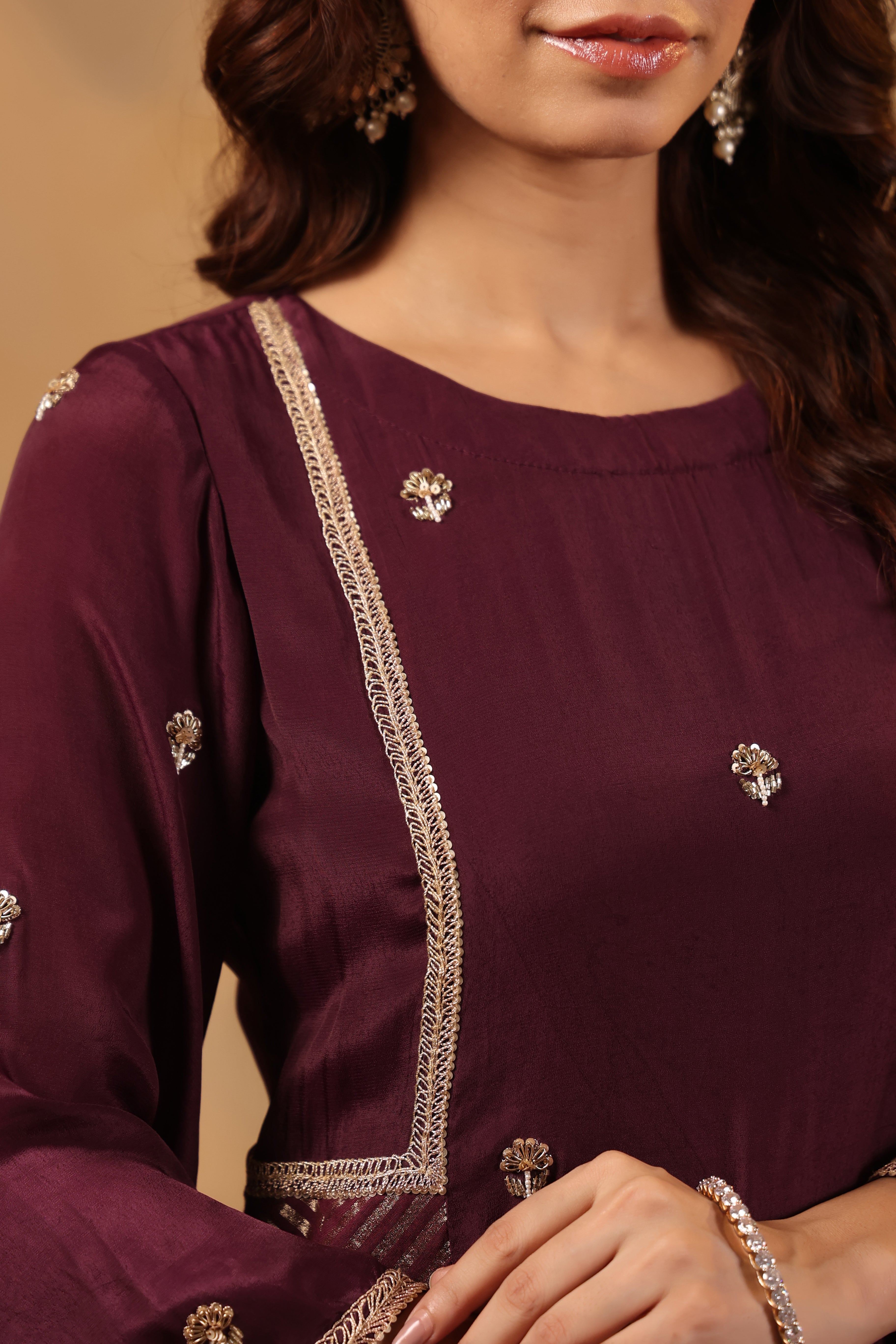 Saanjh Chevron Plum Panel Kurta and Pant with Dupatta