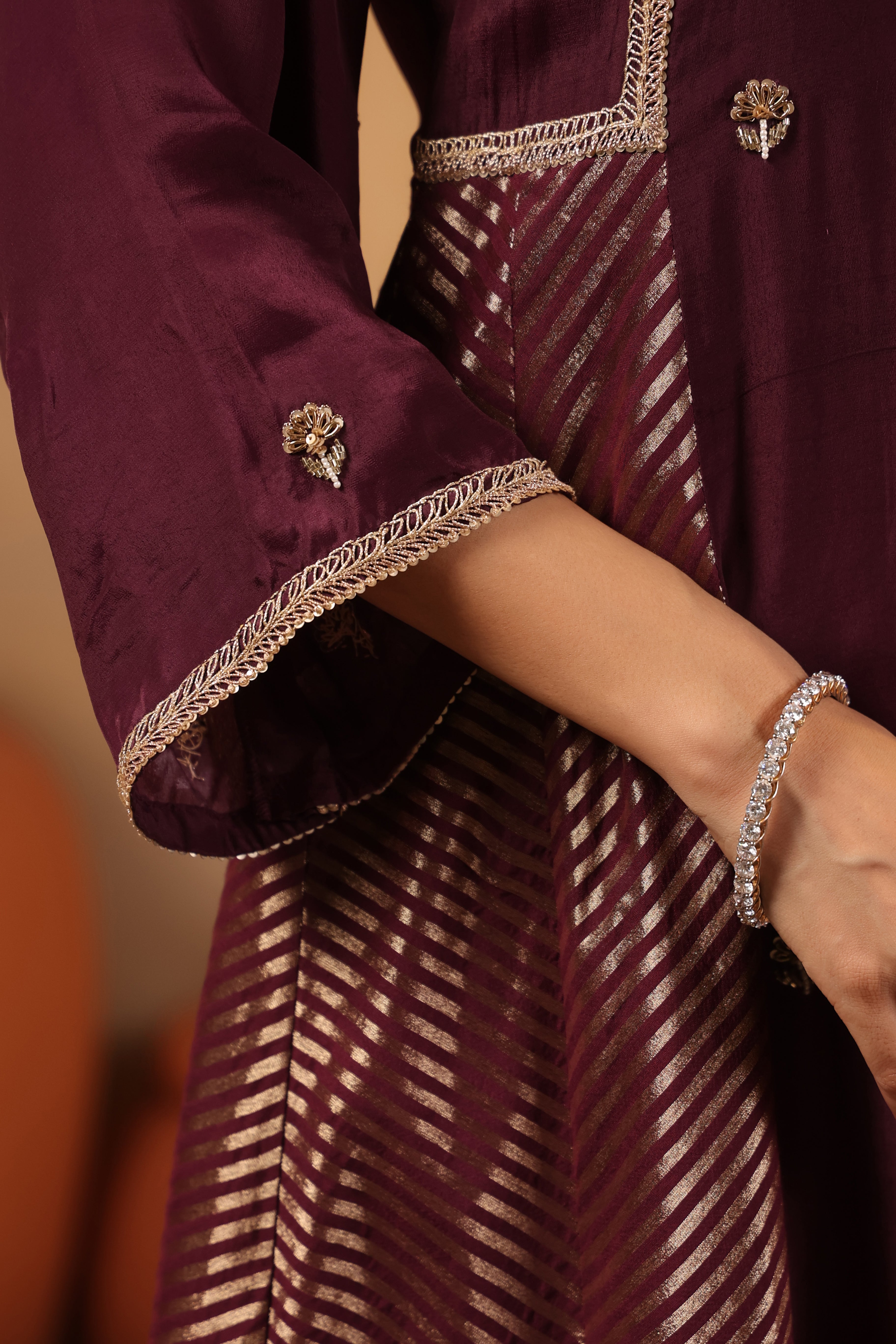 Saanjh Chevron Plum Panel Kurta and Pant with Dupatta