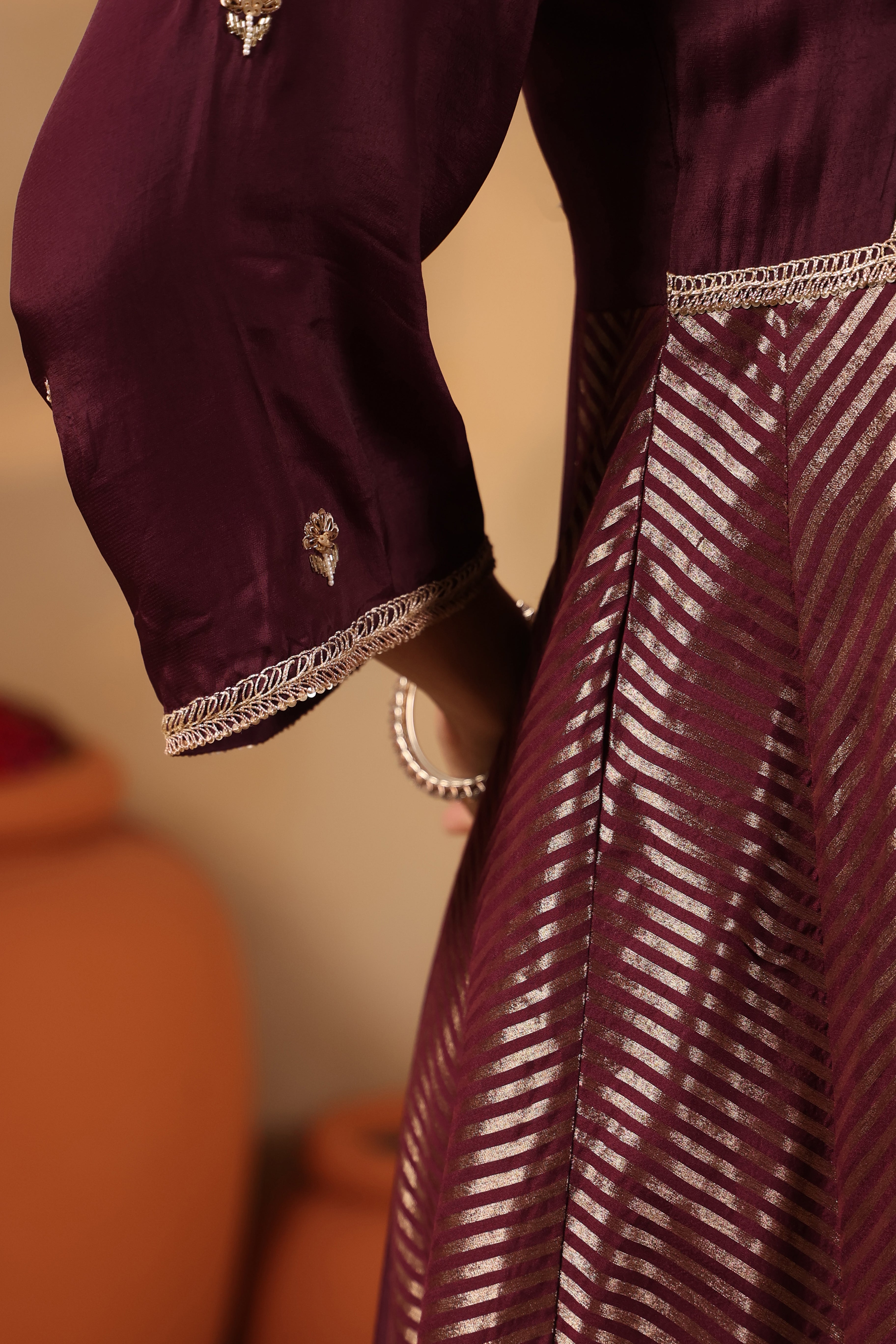 Saanjh Chevron Plum Panel Kurta and Pant with Dupatta