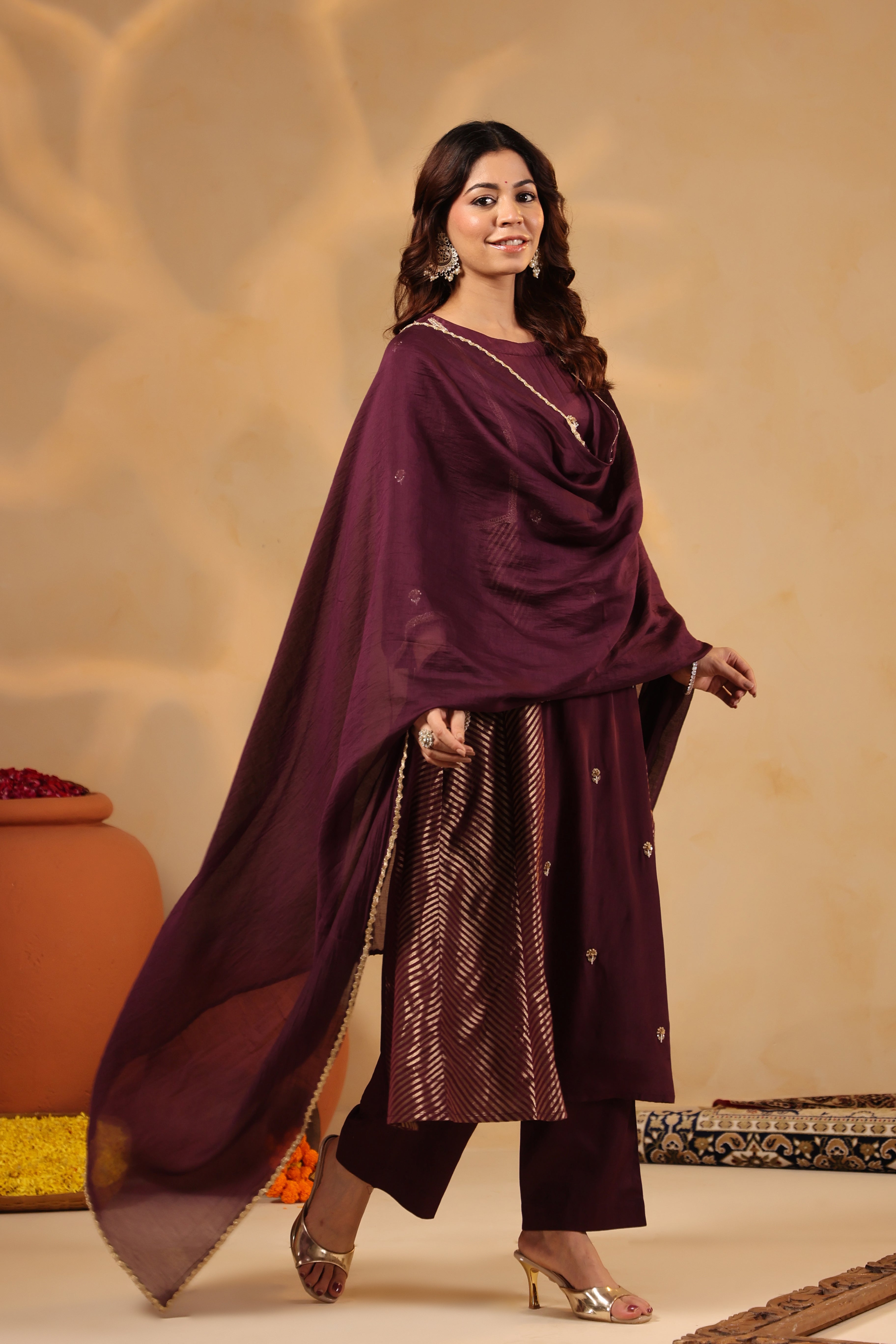 Saanjh Chevron Plum Panel Kurta and Pant with Dupatta