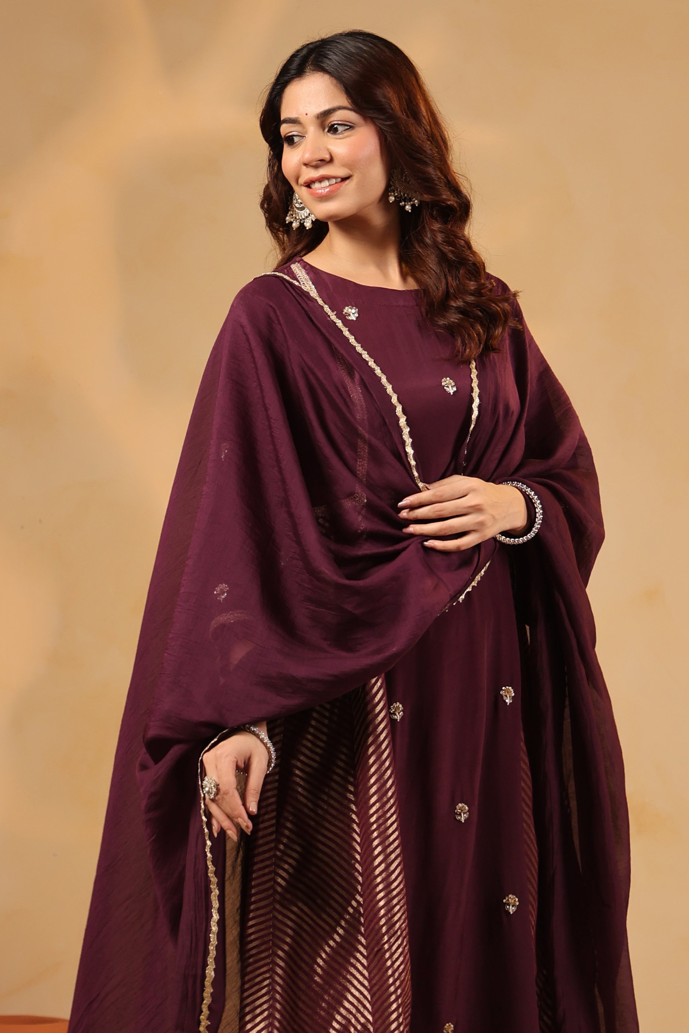 Saanjh Chevron Plum Panel Kurta and Pant with Dupatta