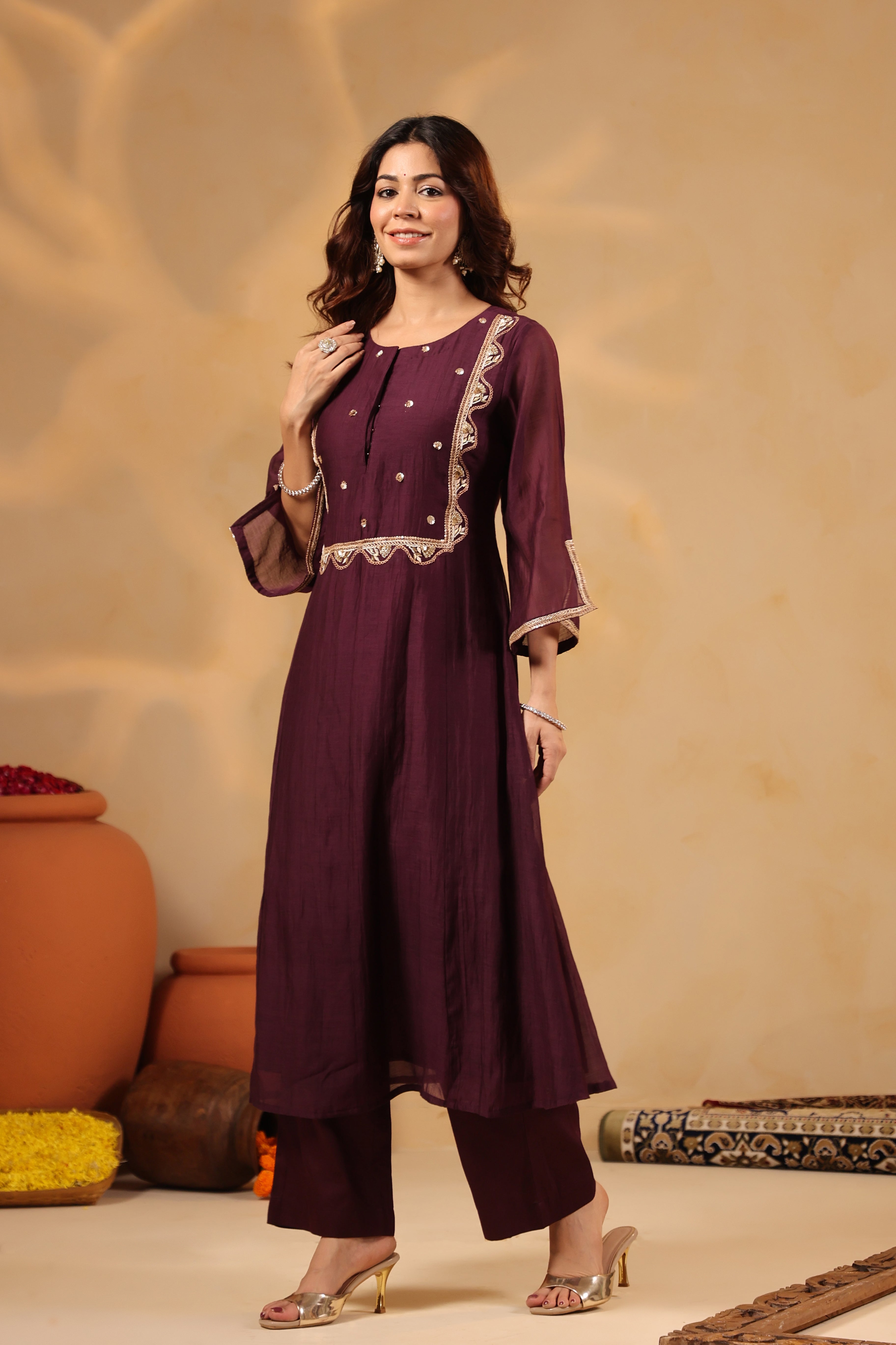 Deep Plum Zardozi Hand work Mul Chanderi Suit