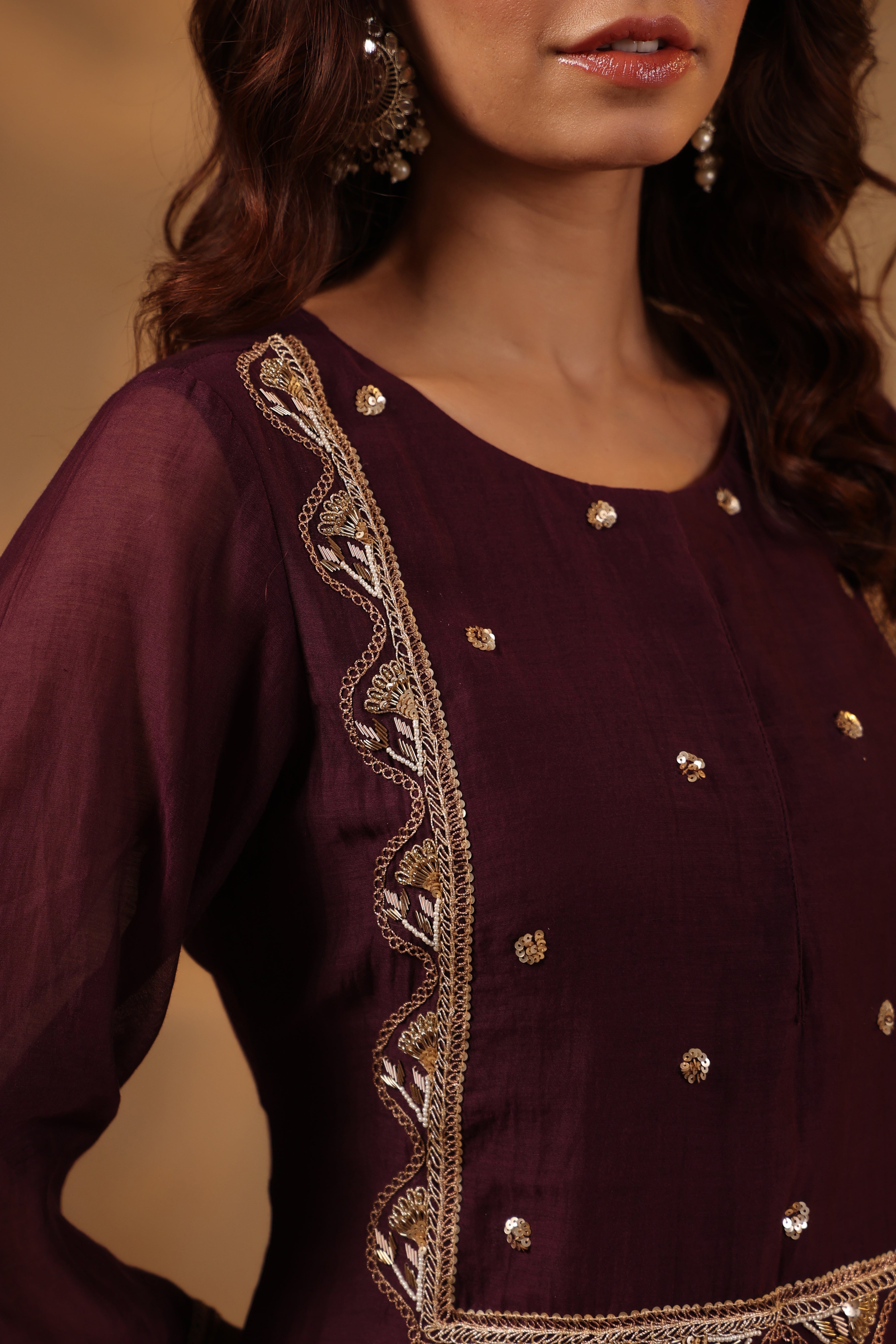Deep Plum Zardozi Hand work Mul Chanderi Suit