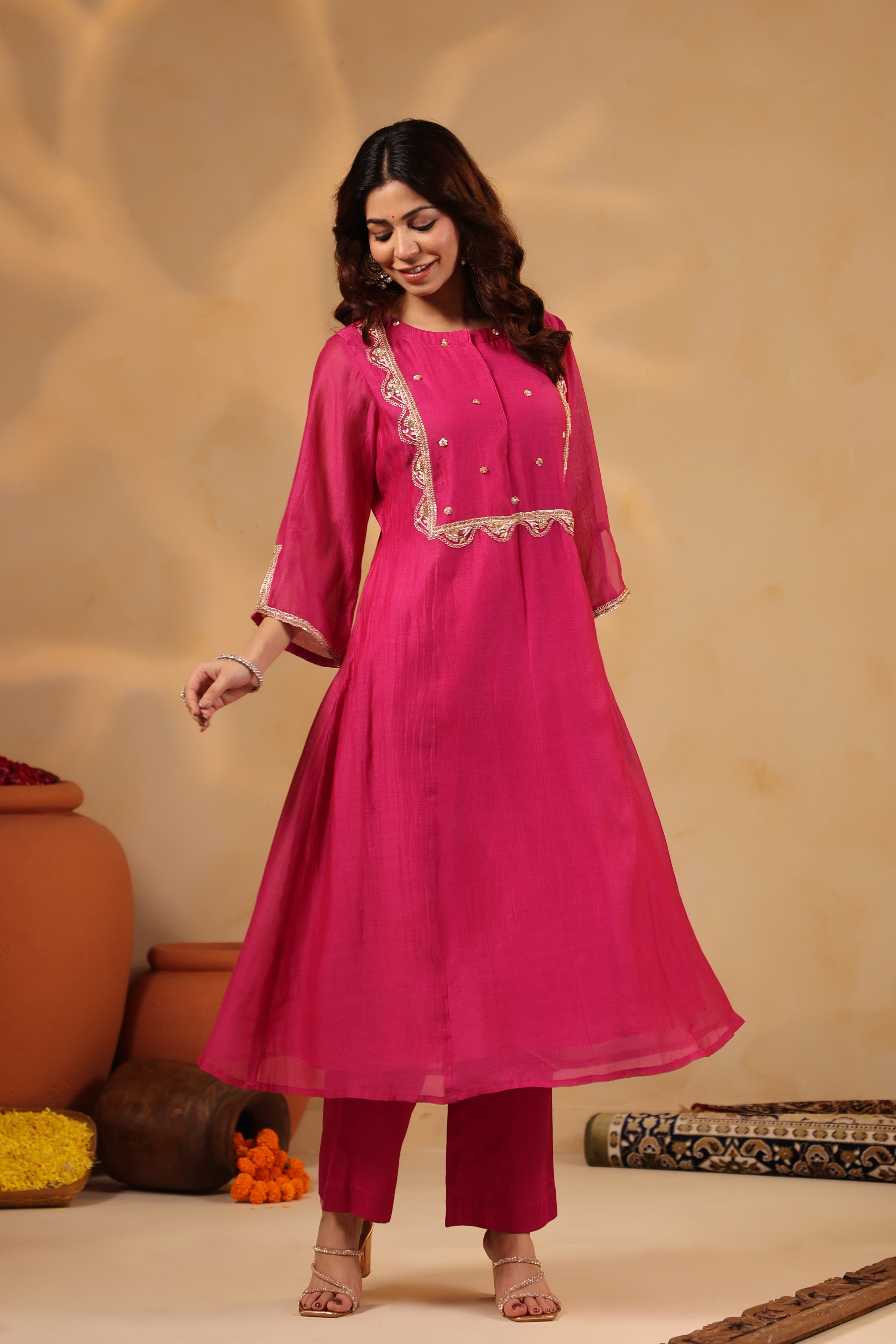 Fuschia Zardozi Hand work Mul Chanderi Suit