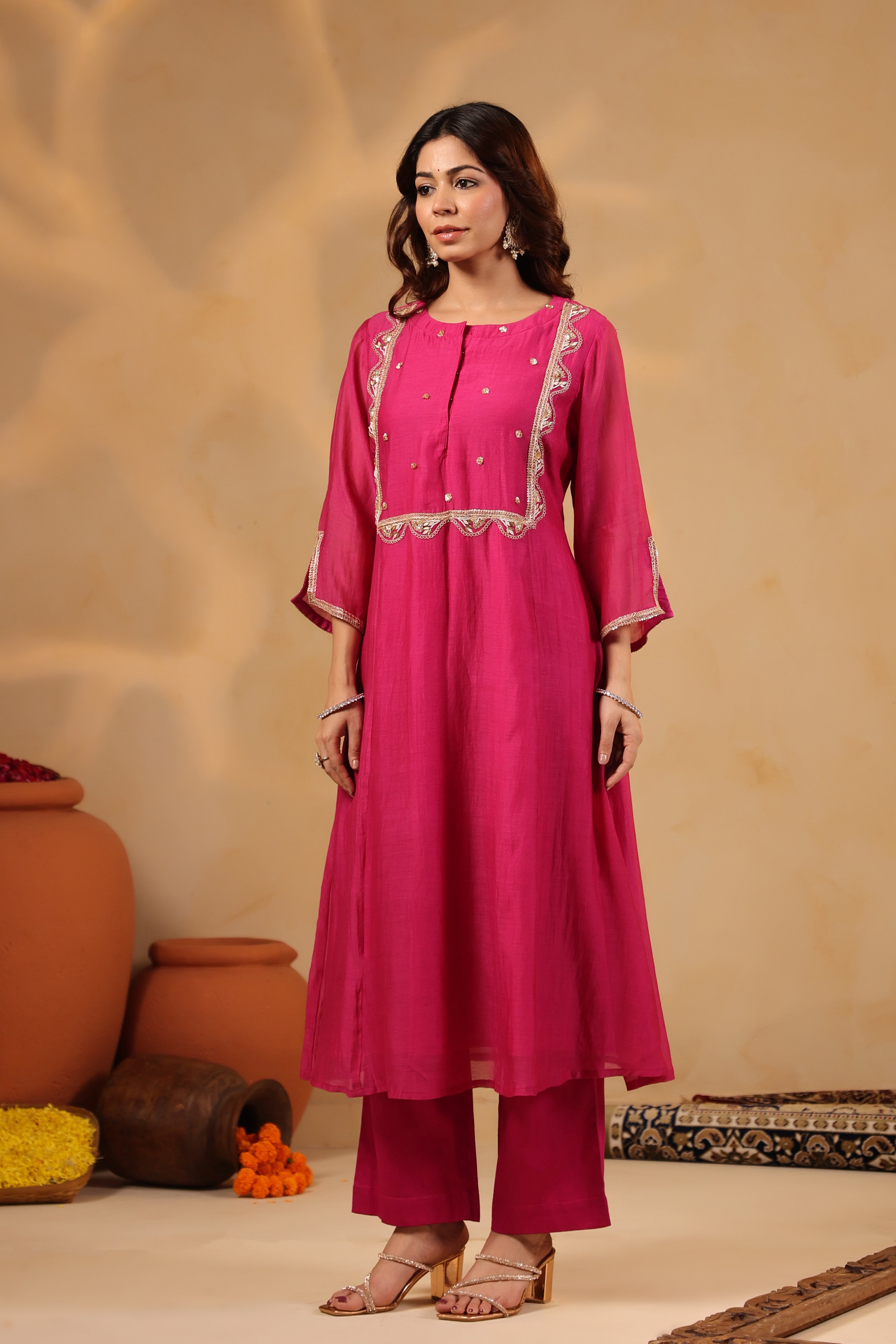 Fuschia Zardozi Hand work Mul Chanderi Suit