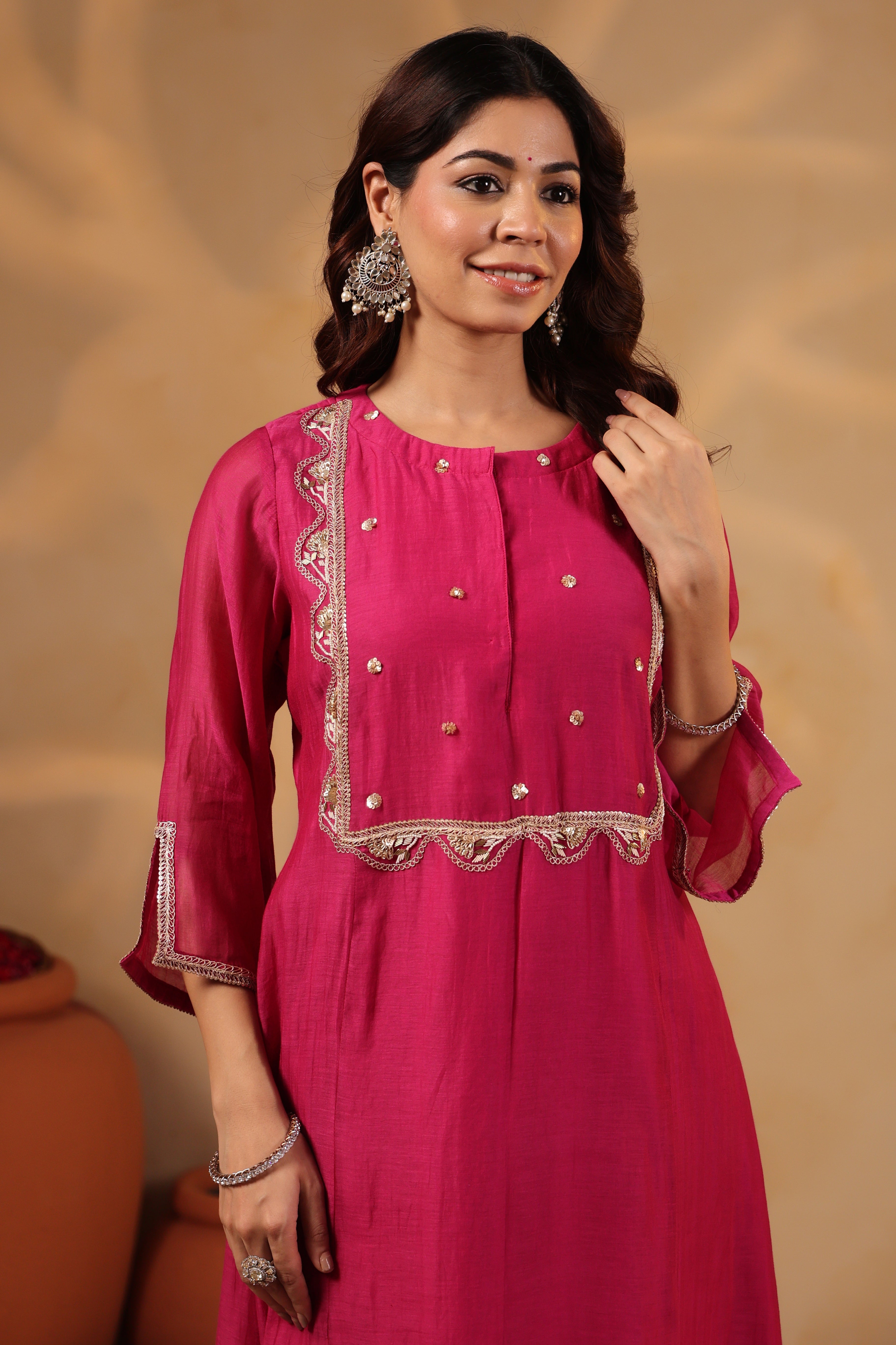 Fuschia Zardozi Hand work Mul Chanderi Suit