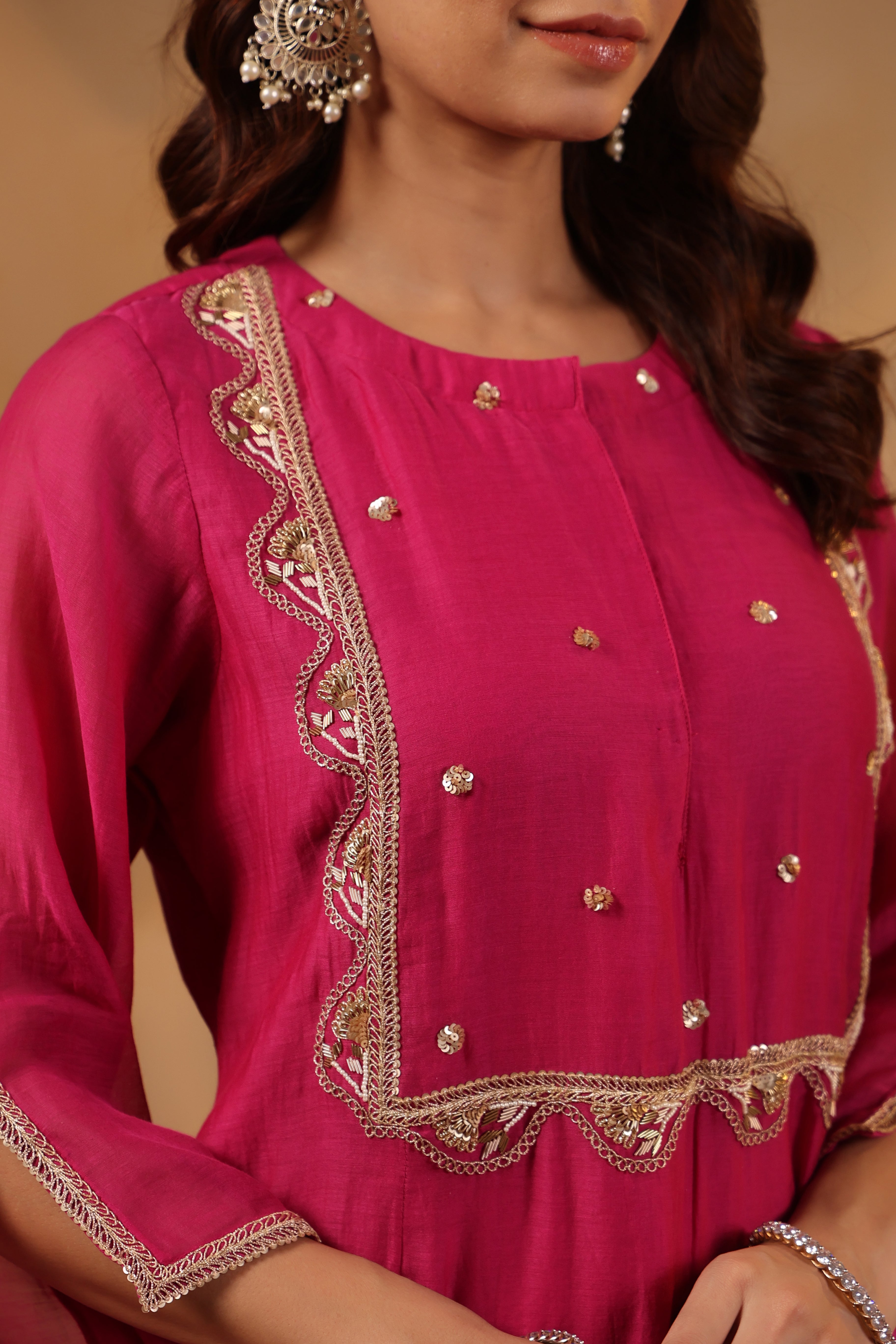 Fuschia Zardozi Hand work Mul Chanderi Suit