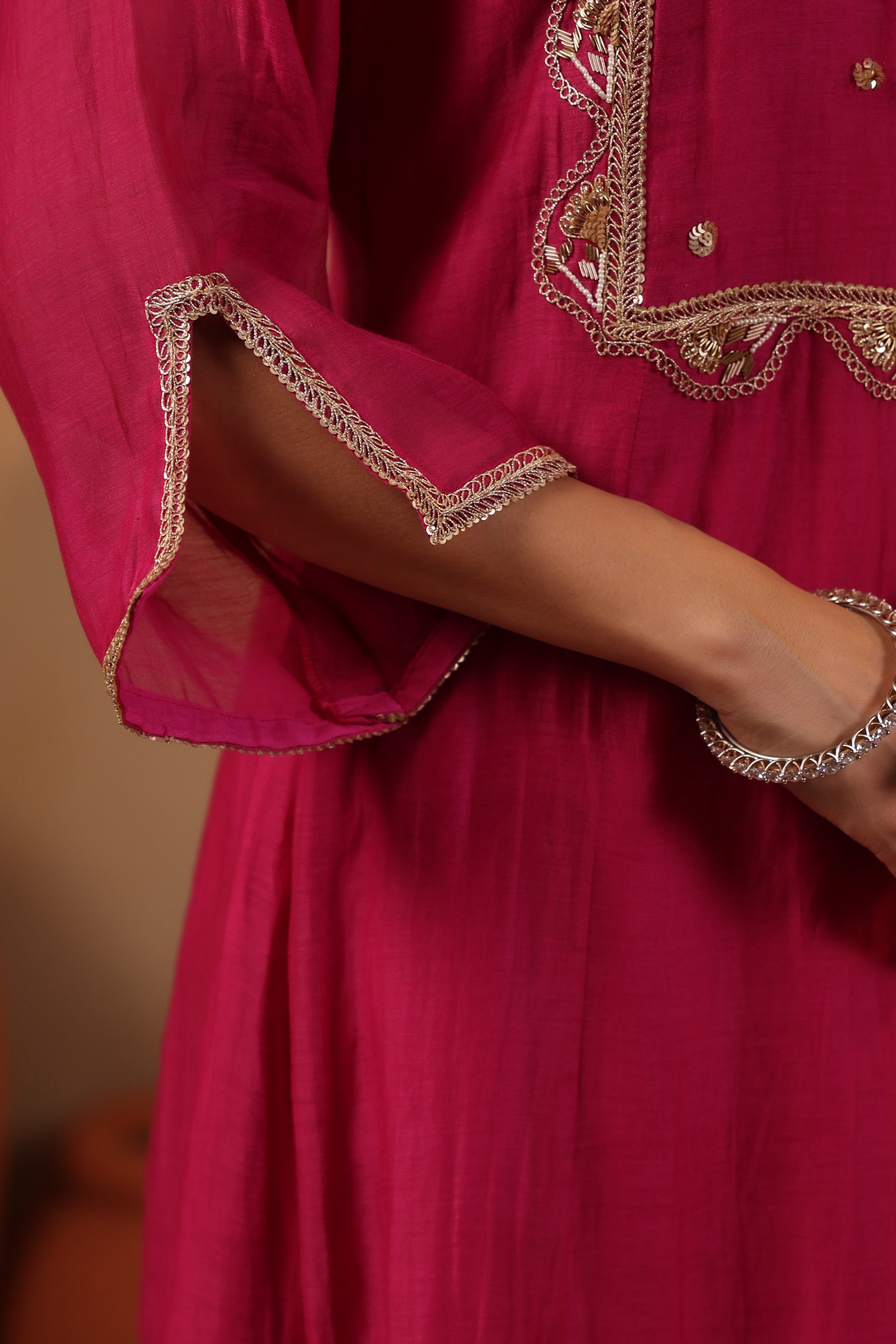 Fuschia Zardozi Hand work Mul Chanderi Suit