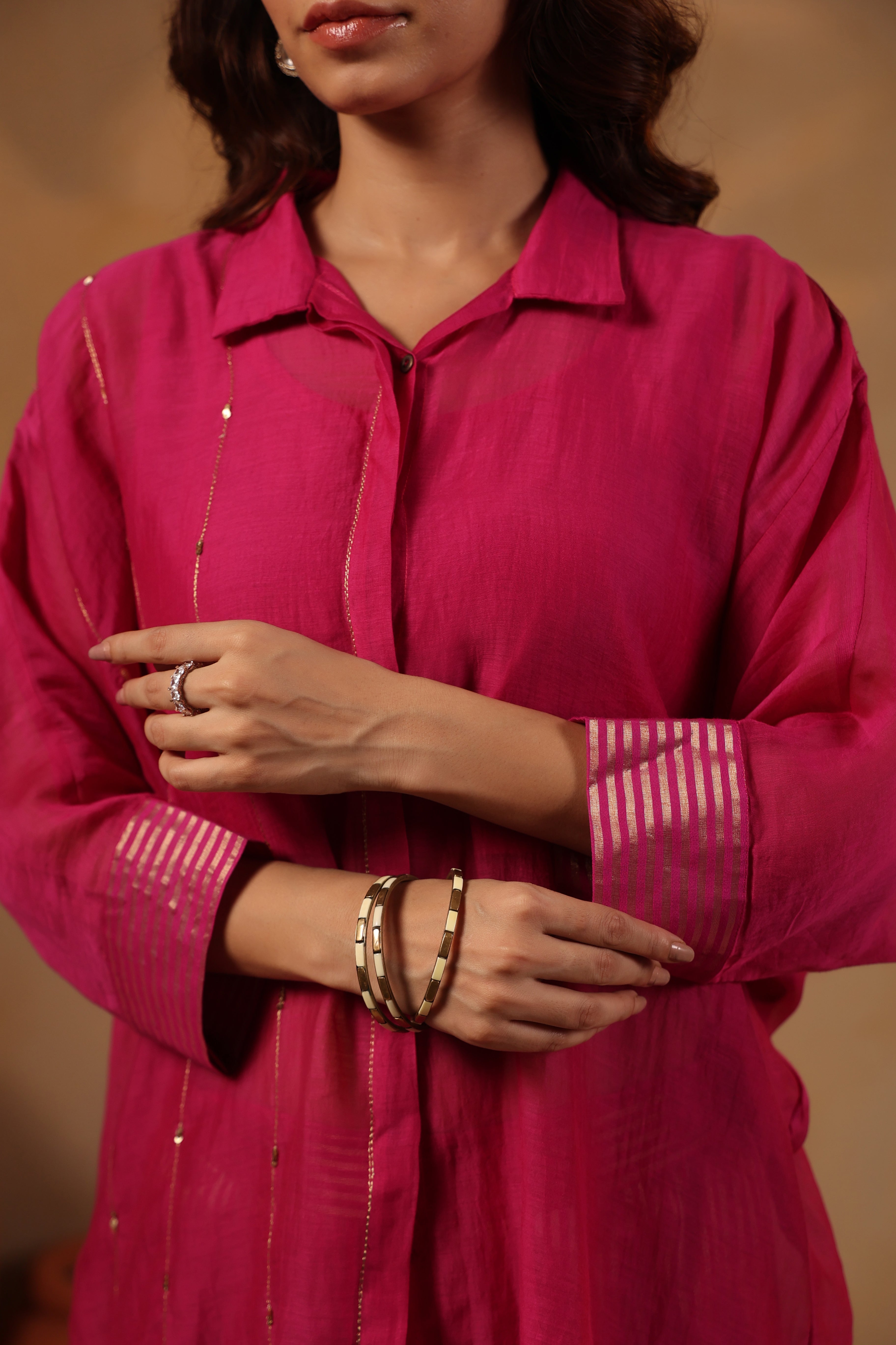 Fushia Zari Work Mul Chanderi Co-ord
