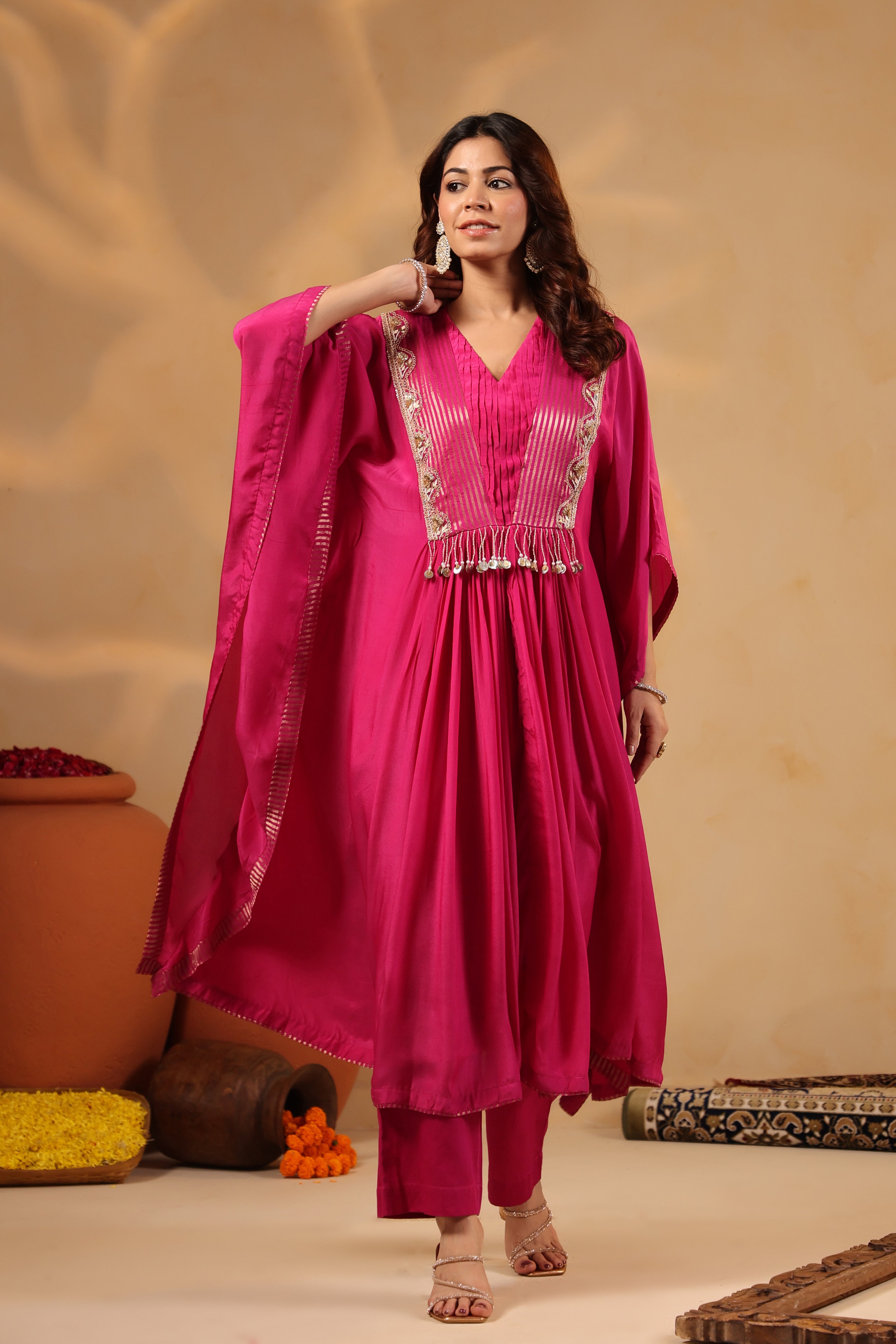 Pink Embellished Kaftan with Pant Set
