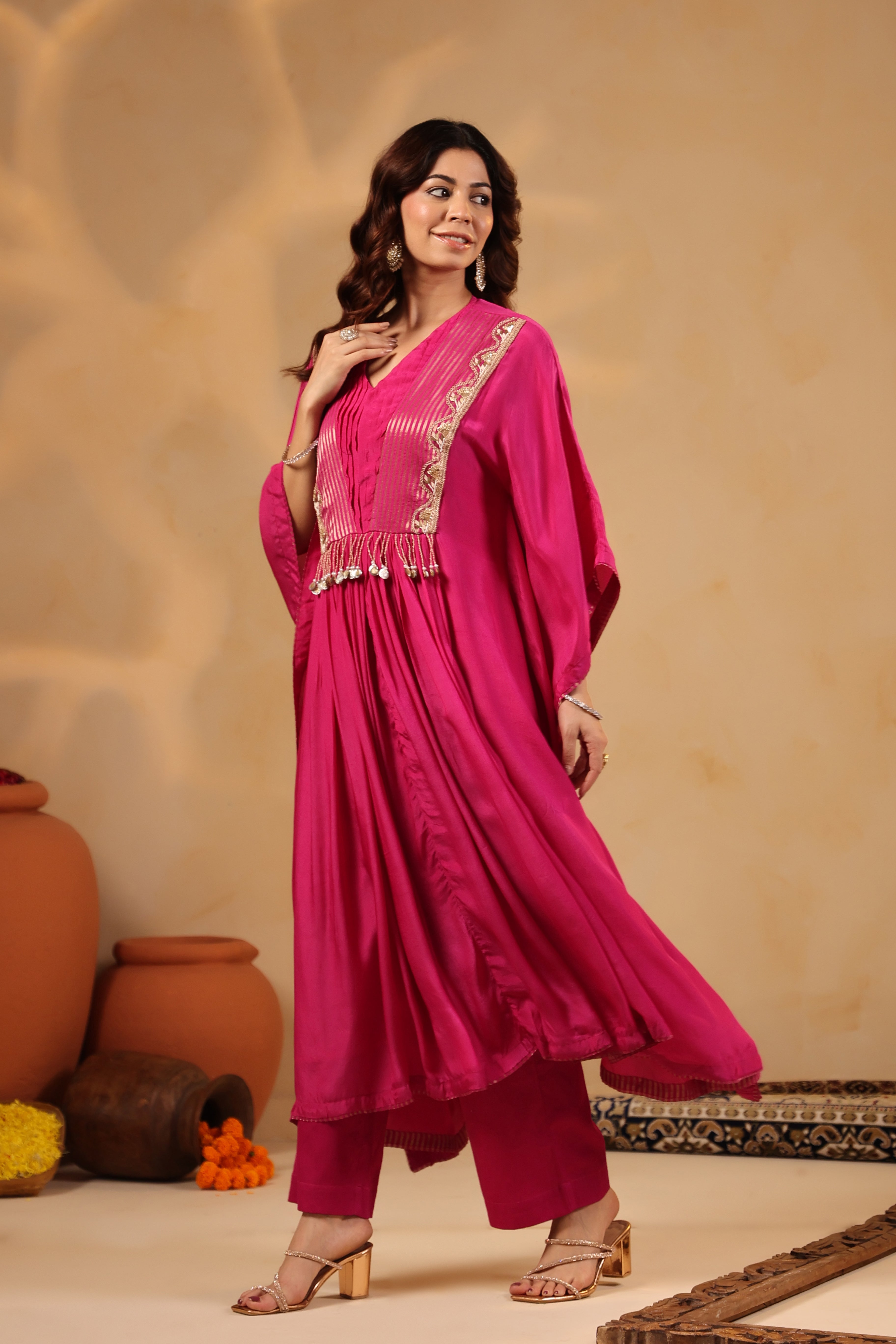 Pink Embellished Kaftan with Pant Set