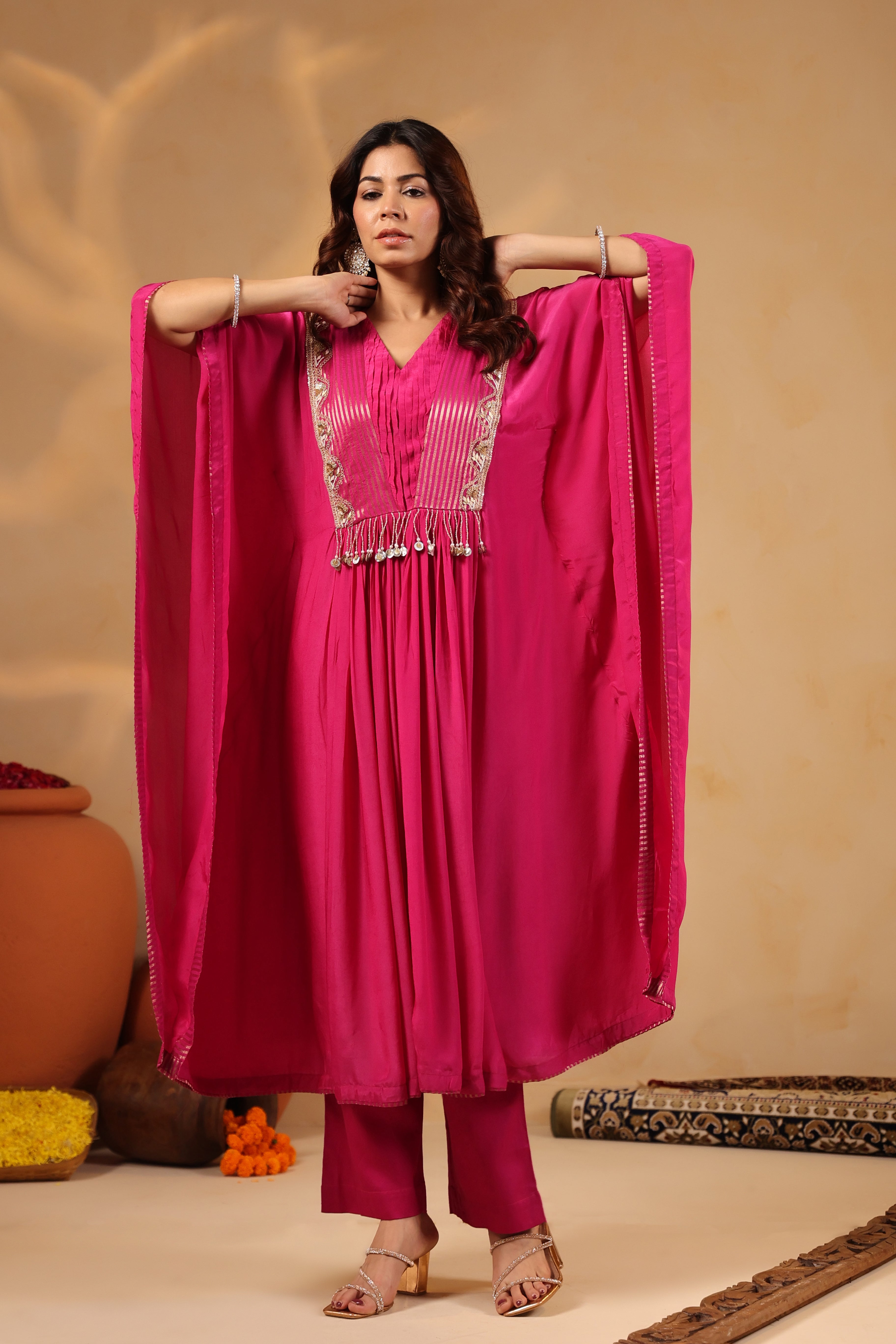 Pink Embellished Kaftan with Pant Set