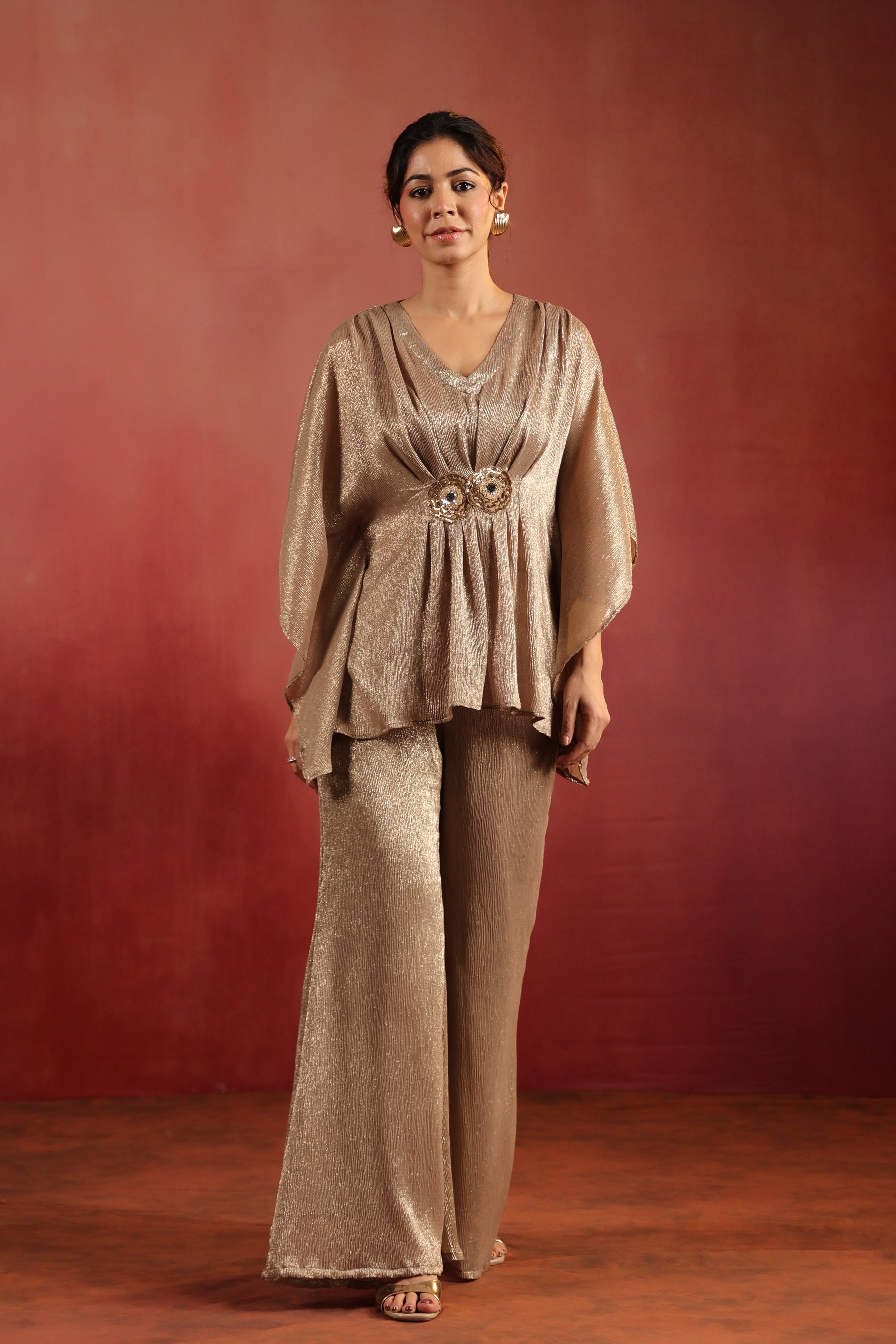 Beige Wrinkled Co-ord Set with Bustier & Pants