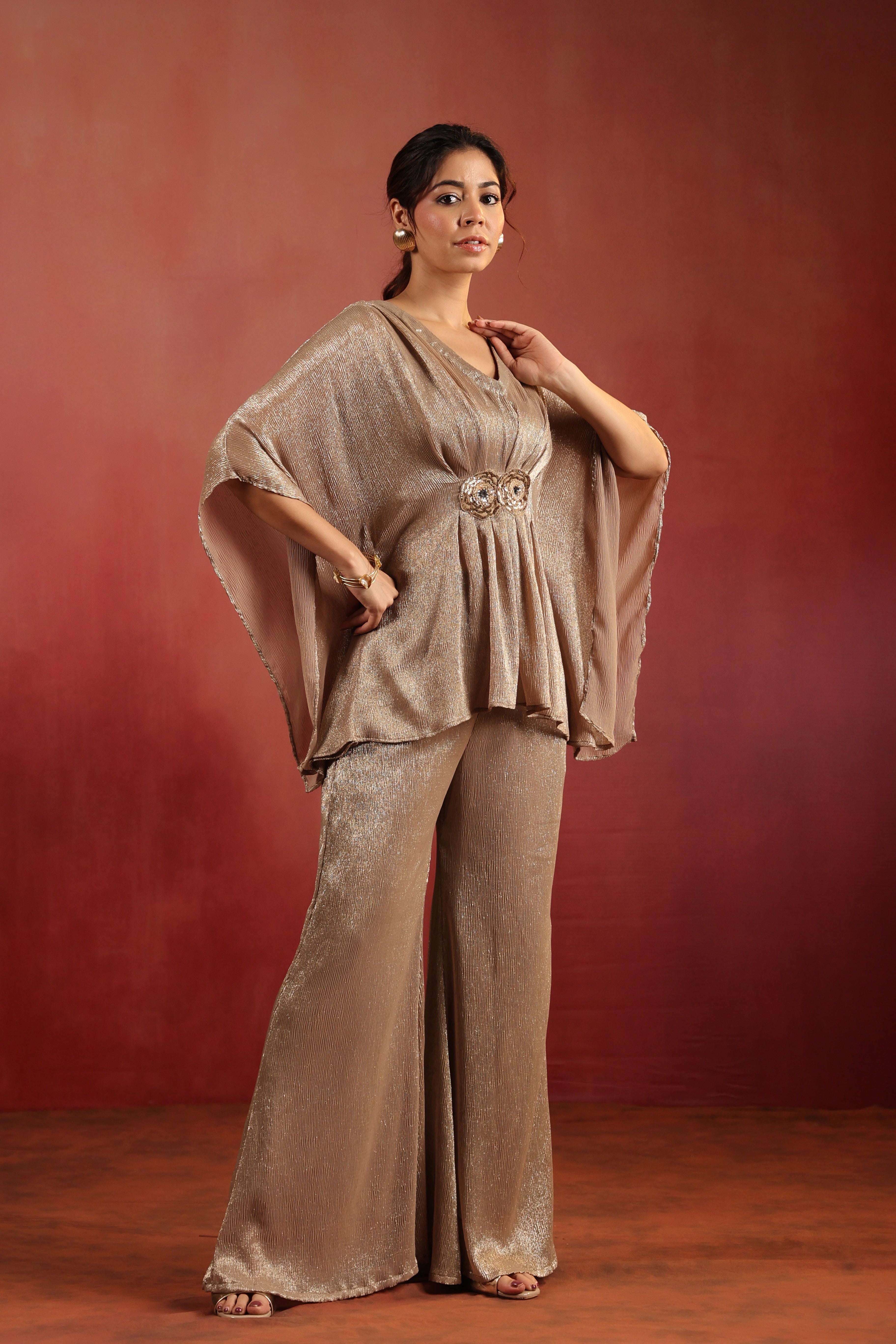 Beige Wrinkled Co-ord Set with Bustier & Pants