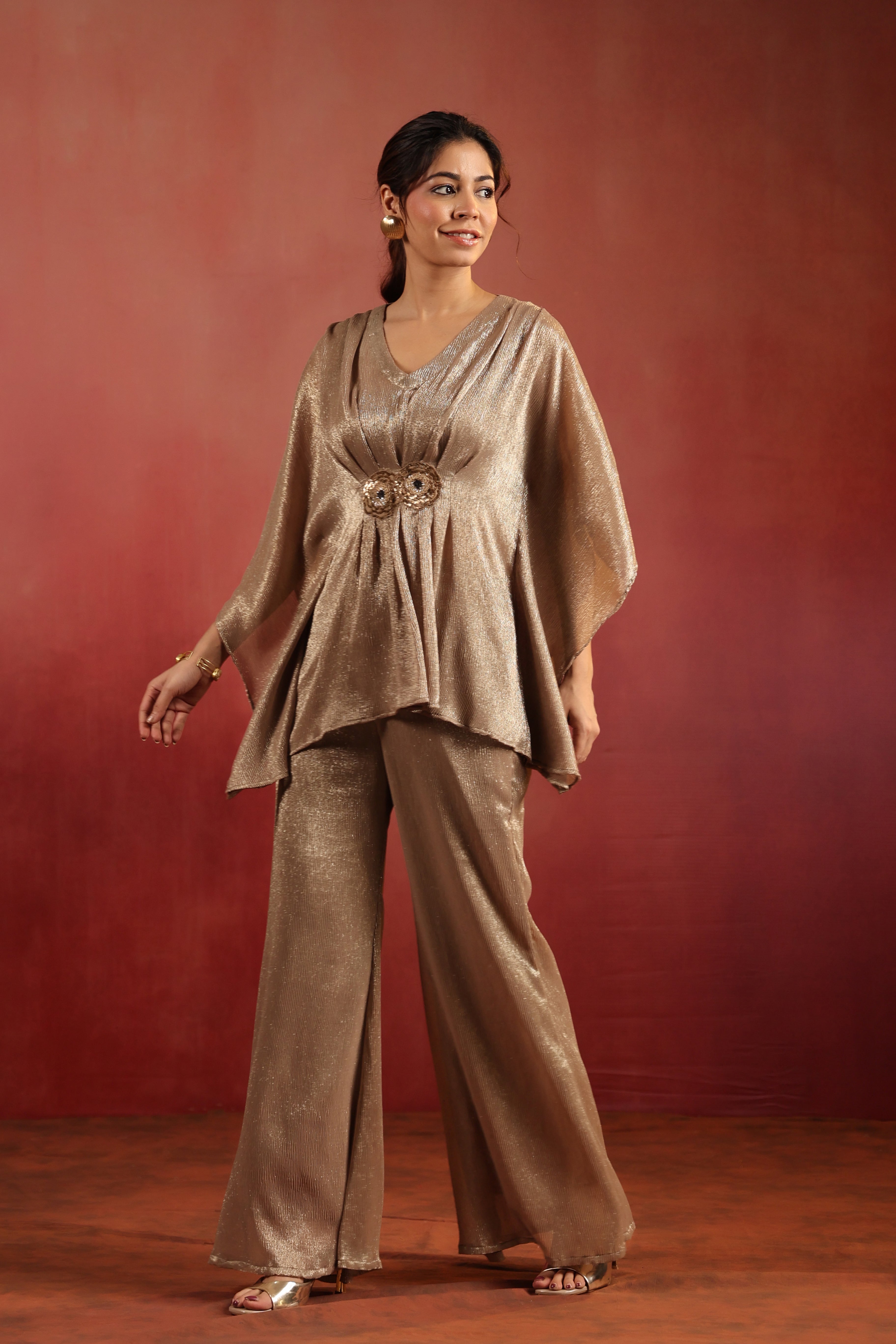 Beige Wrinkled Co-ord Set with Bustier & Pants