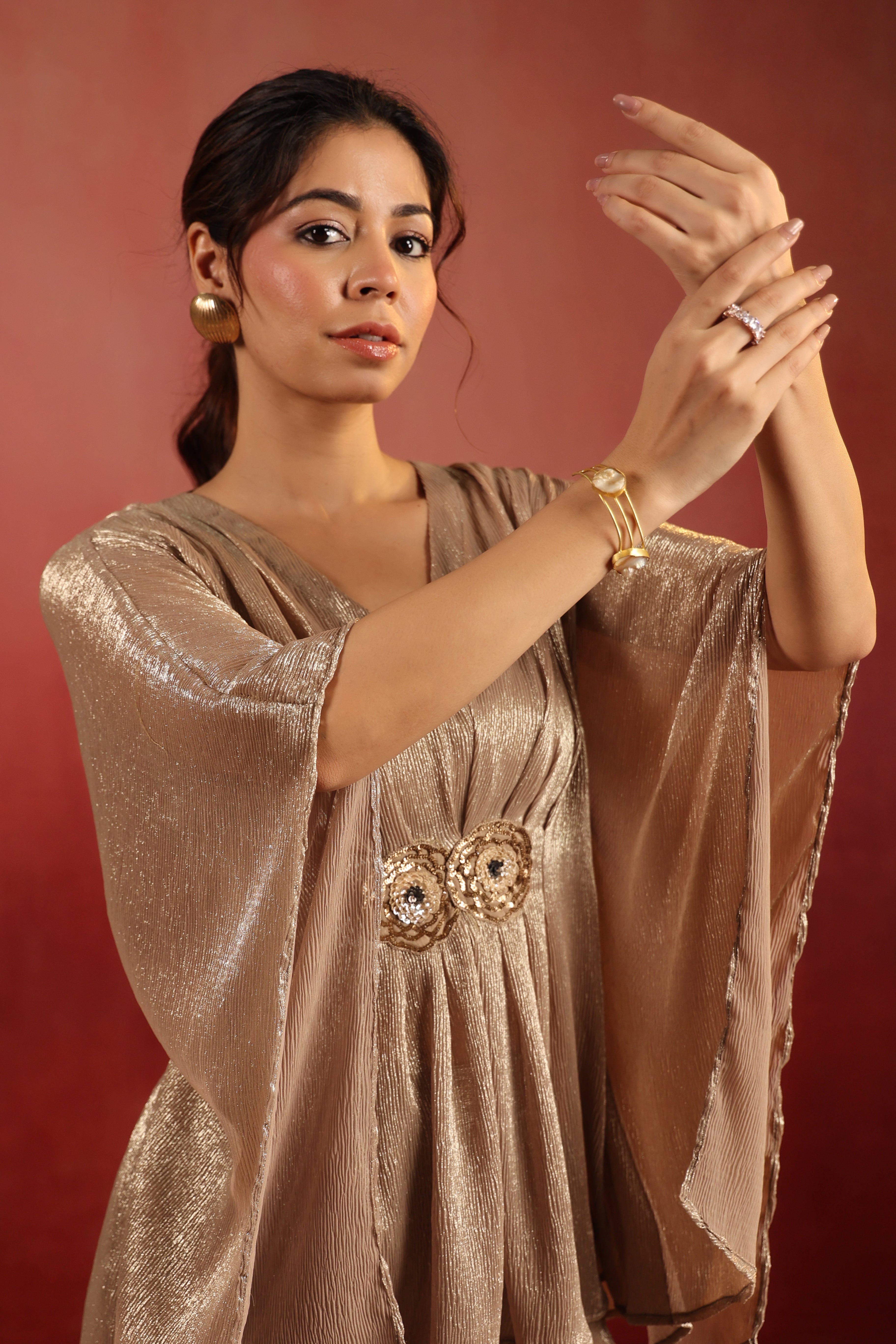 Beige Wrinkled Co-ord Set with Bustier & Pants