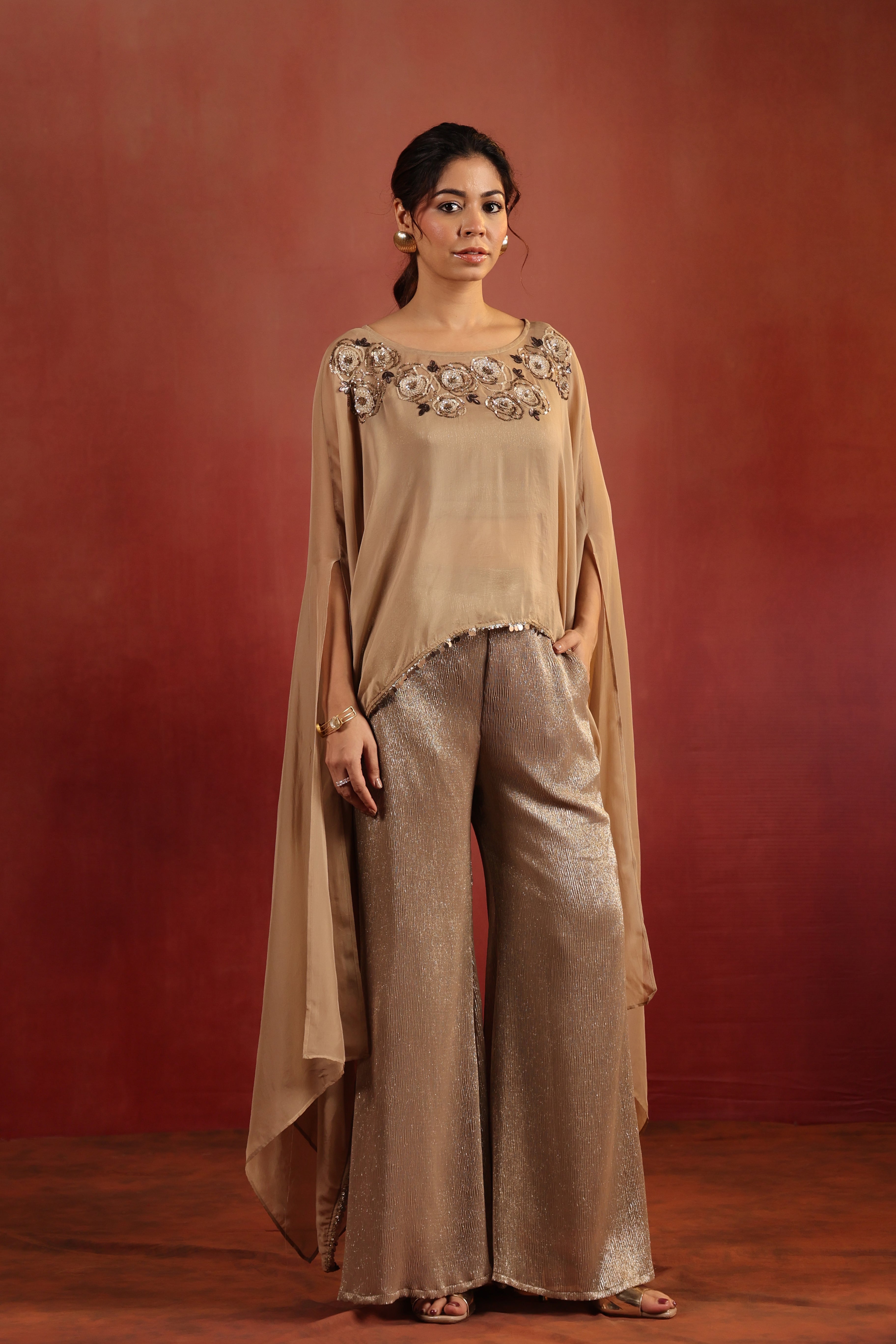 Beige Cape Co-ord Set with Bustier & Pants