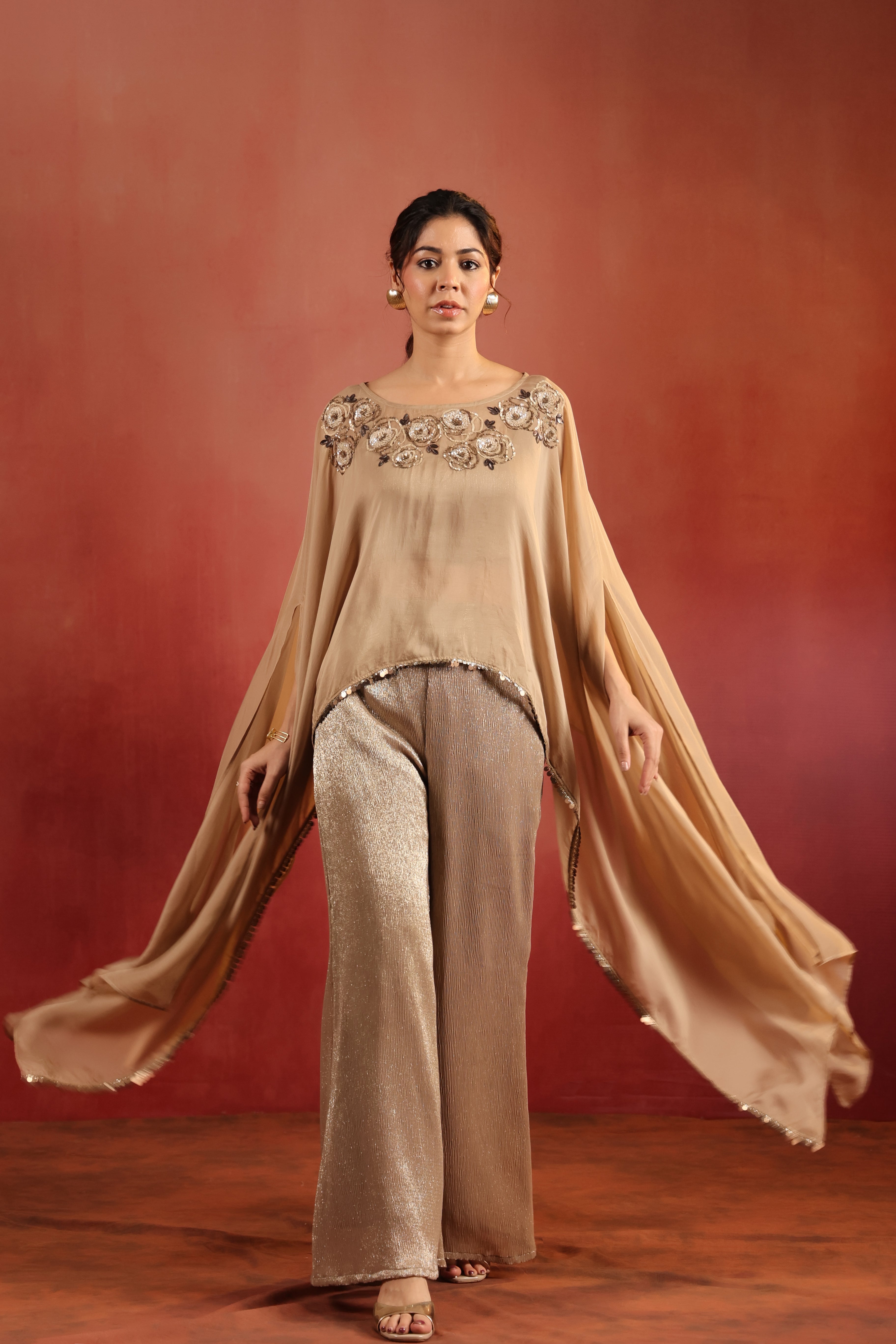 Beige Cape Co-ord Set with Bustier & Pants
