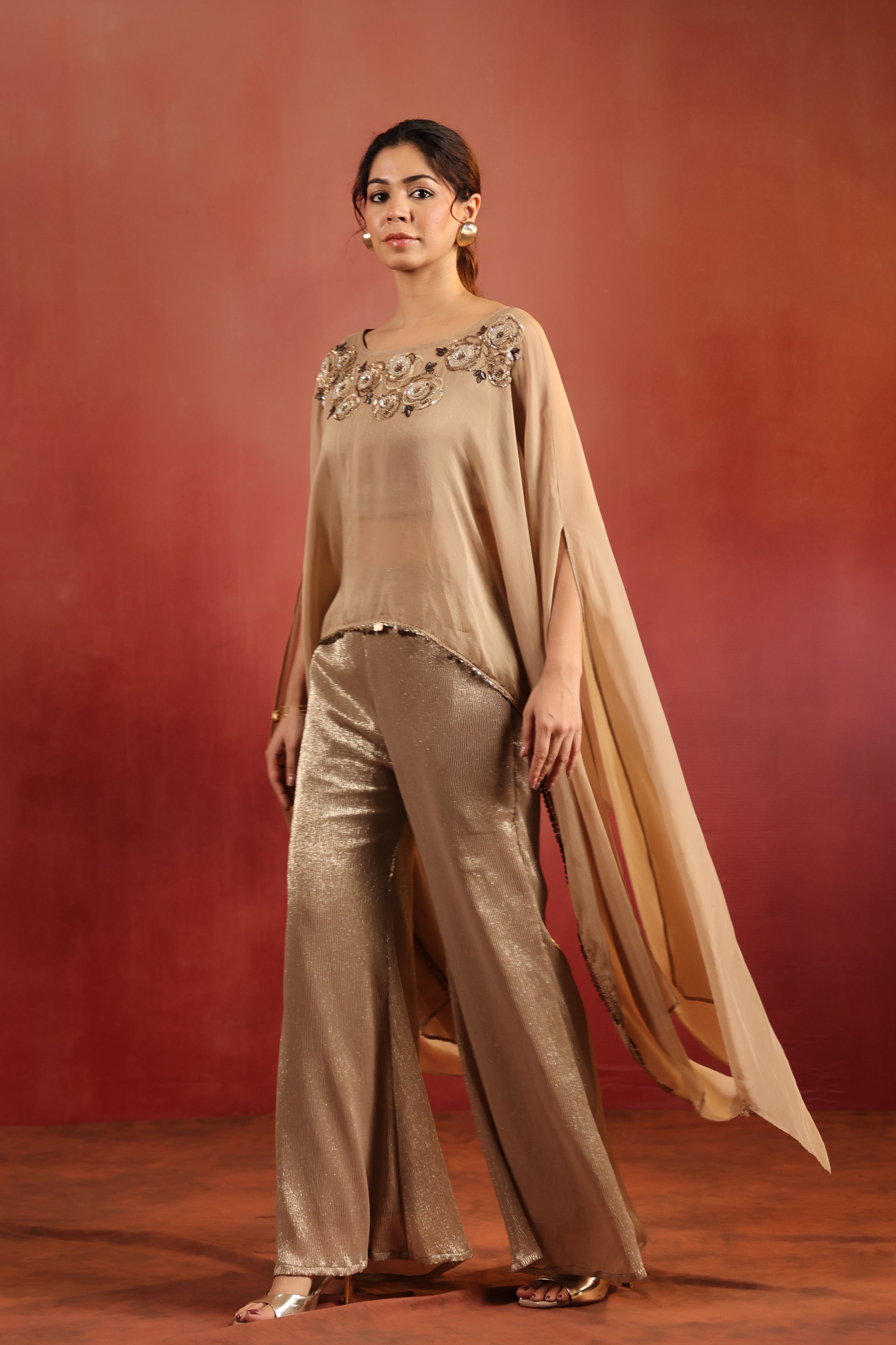 Beige Cape Co-ord Set with Bustier & Pants