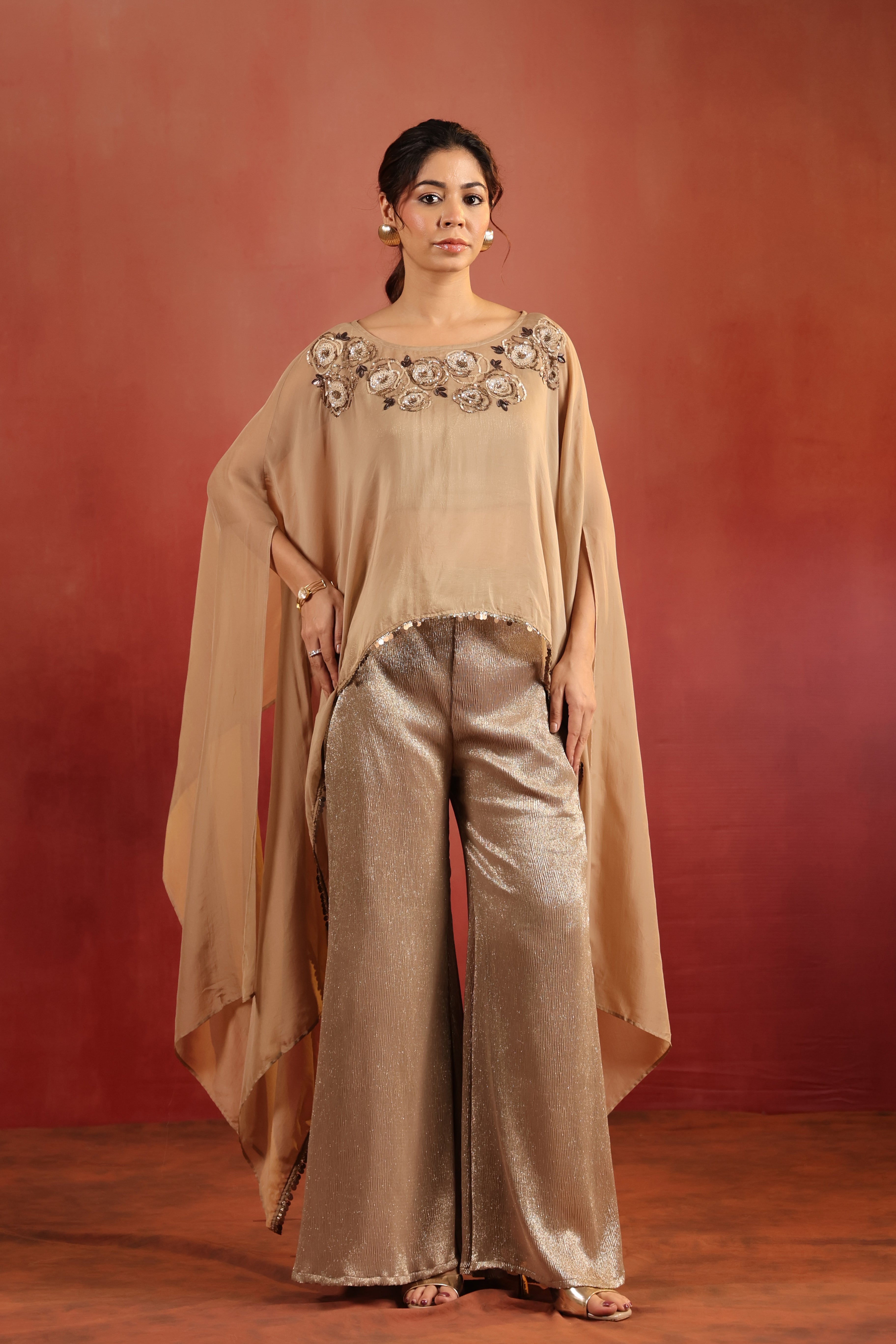 Beige Cape Co-ord Set with Bustier & Pants