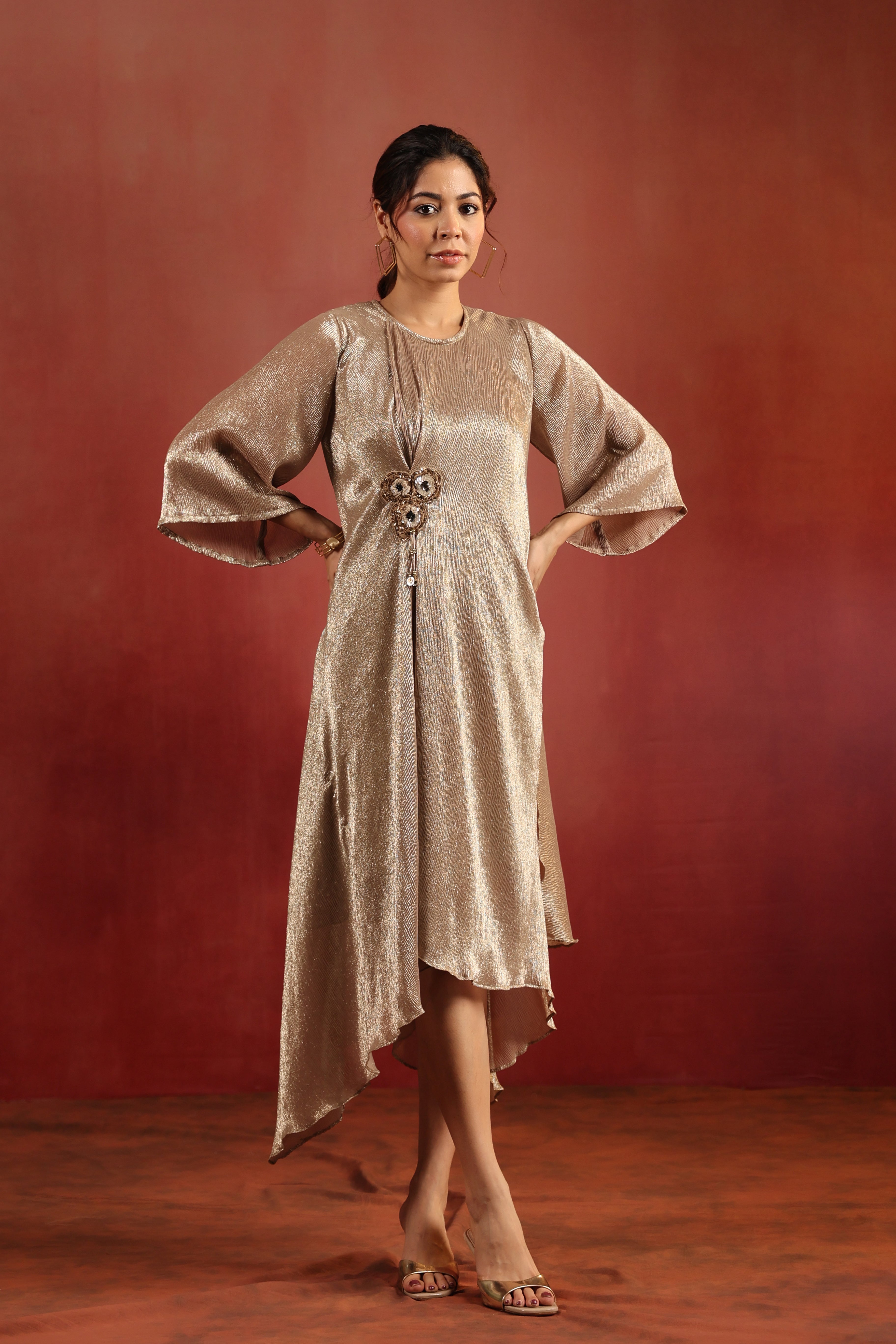 Beige Asymmetric Shimmer Dress
