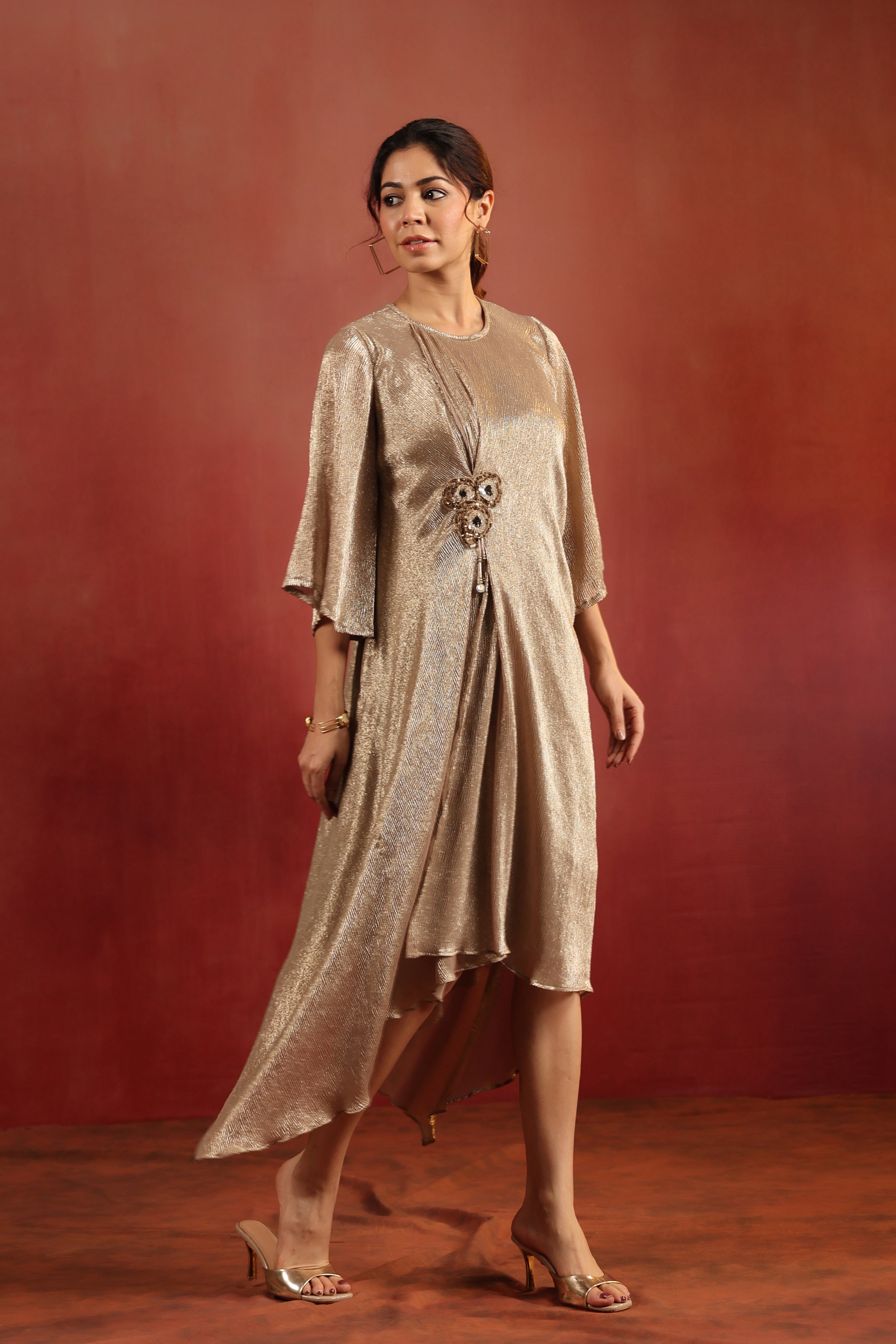 Beige Asymmetric Shimmer Dress