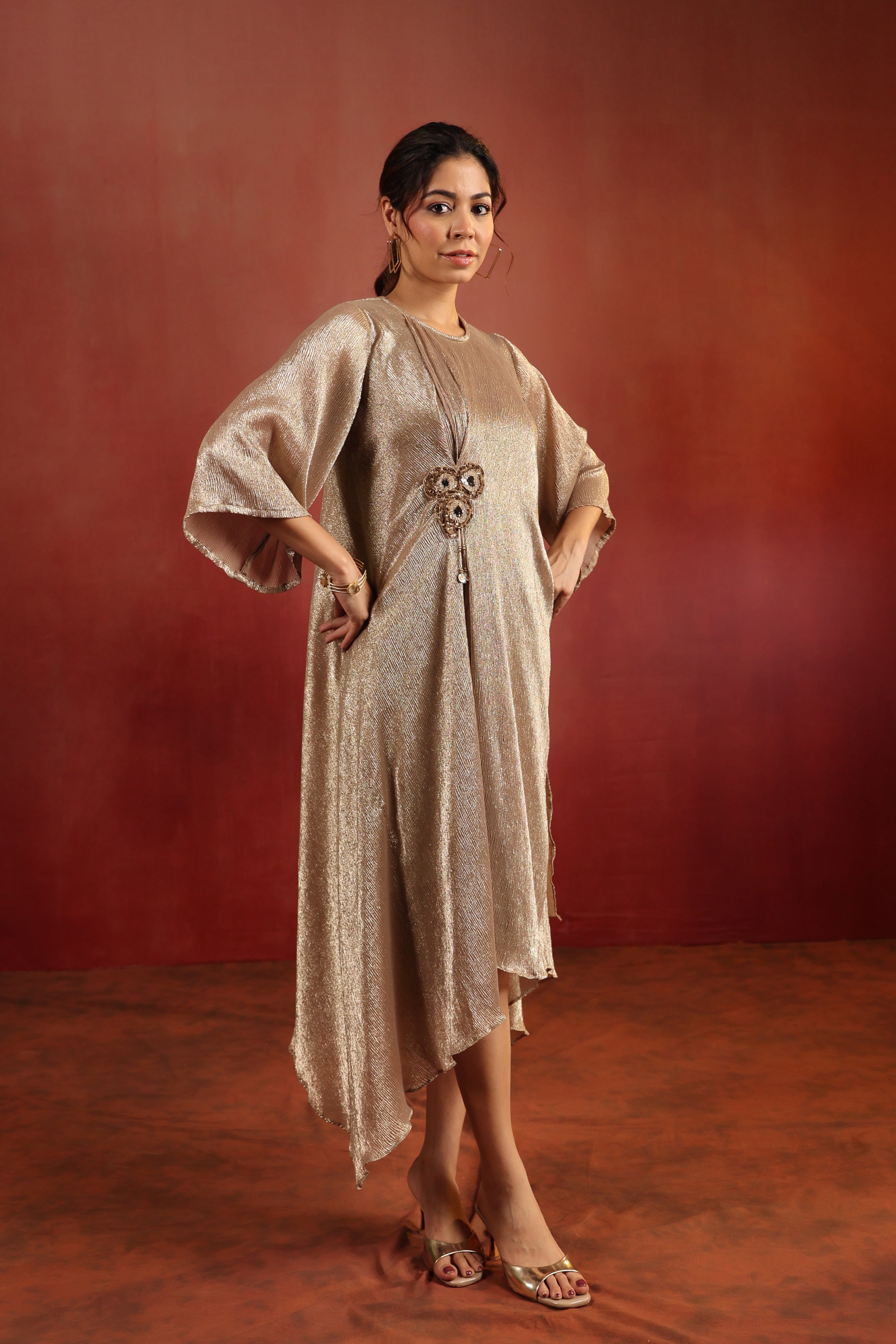 Beige Asymmetric Shimmer Dress
