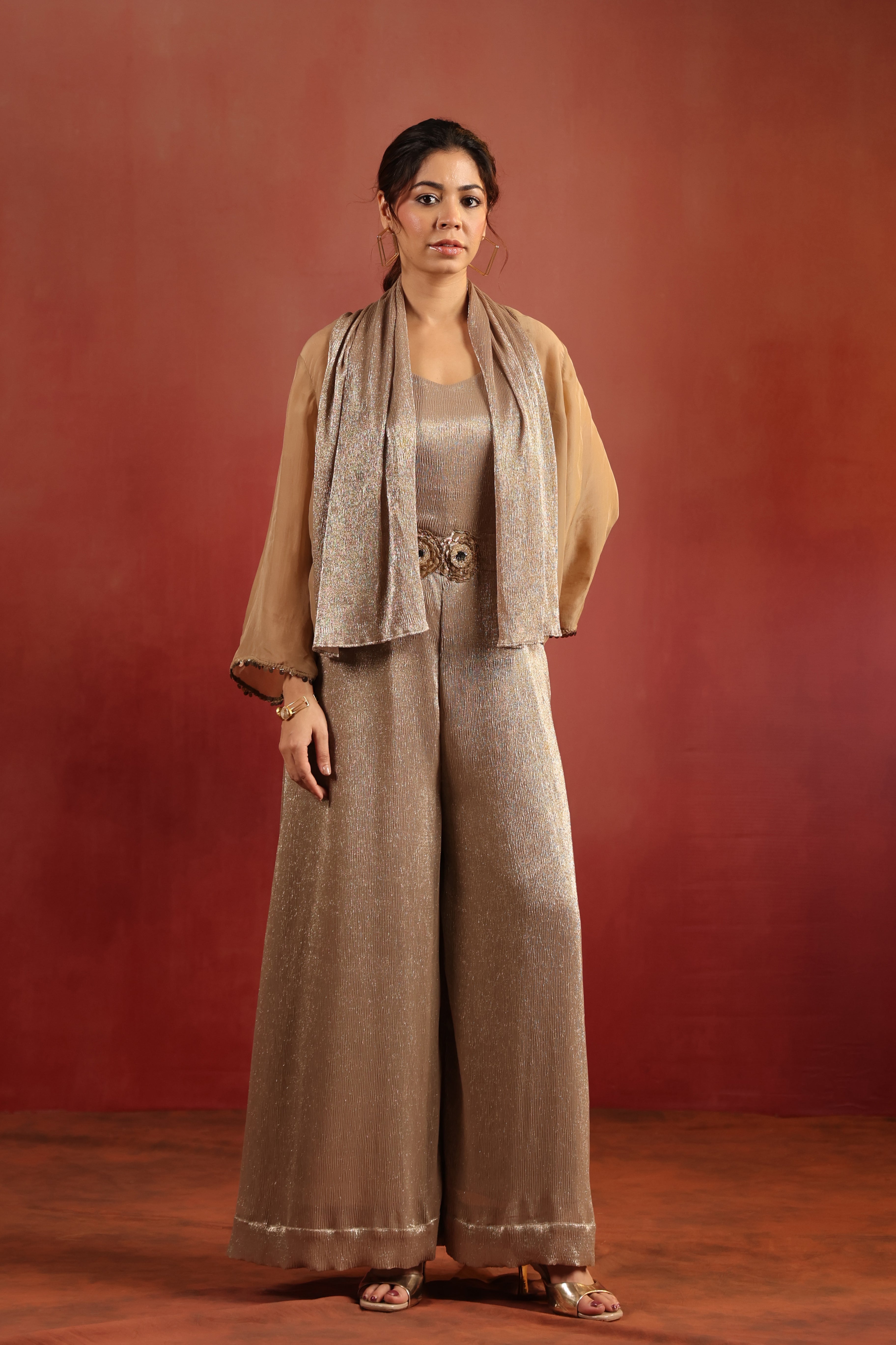 Beige Shimmer Jumpsuit with Cape