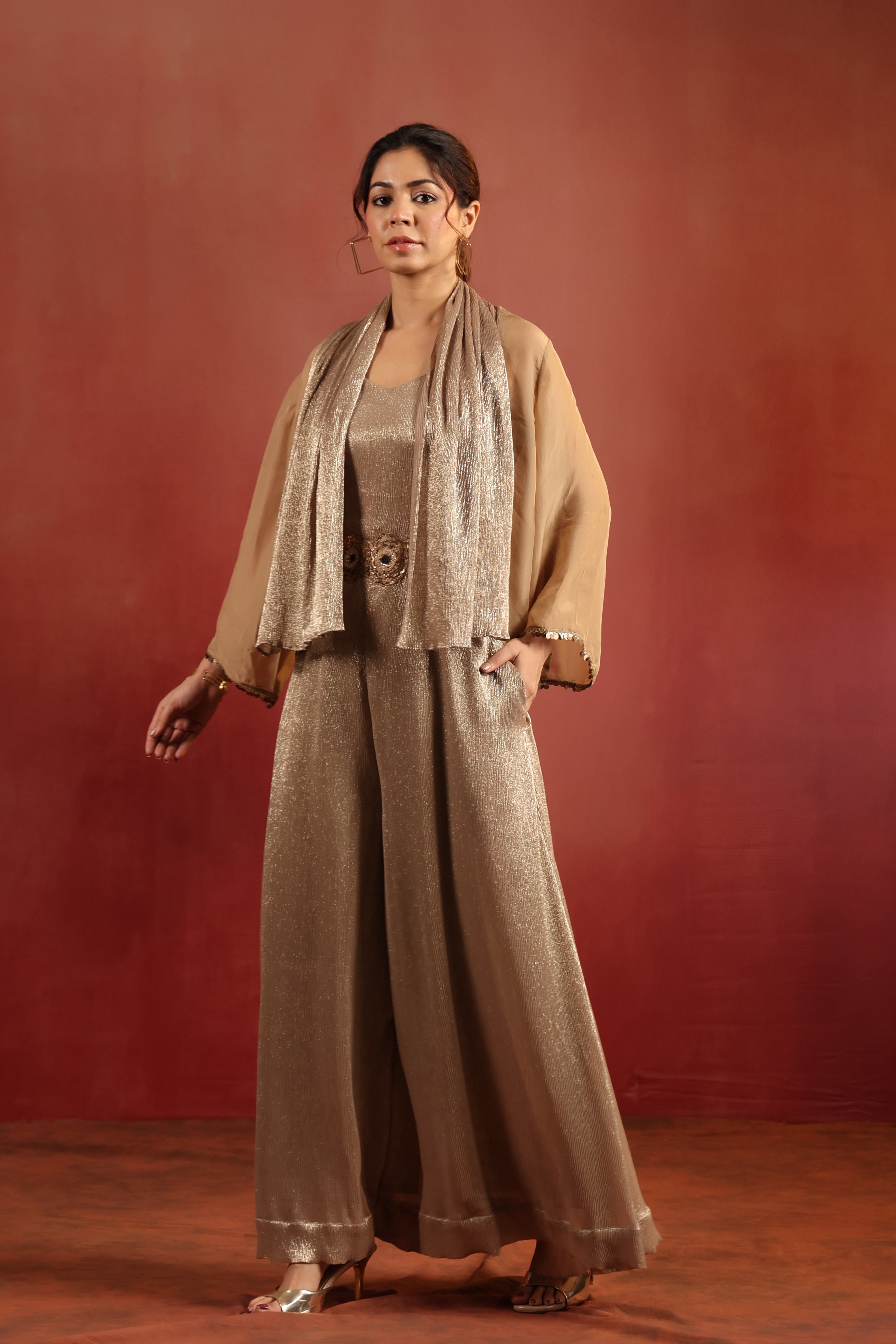 Beige Shimmer Jumpsuit with Cape