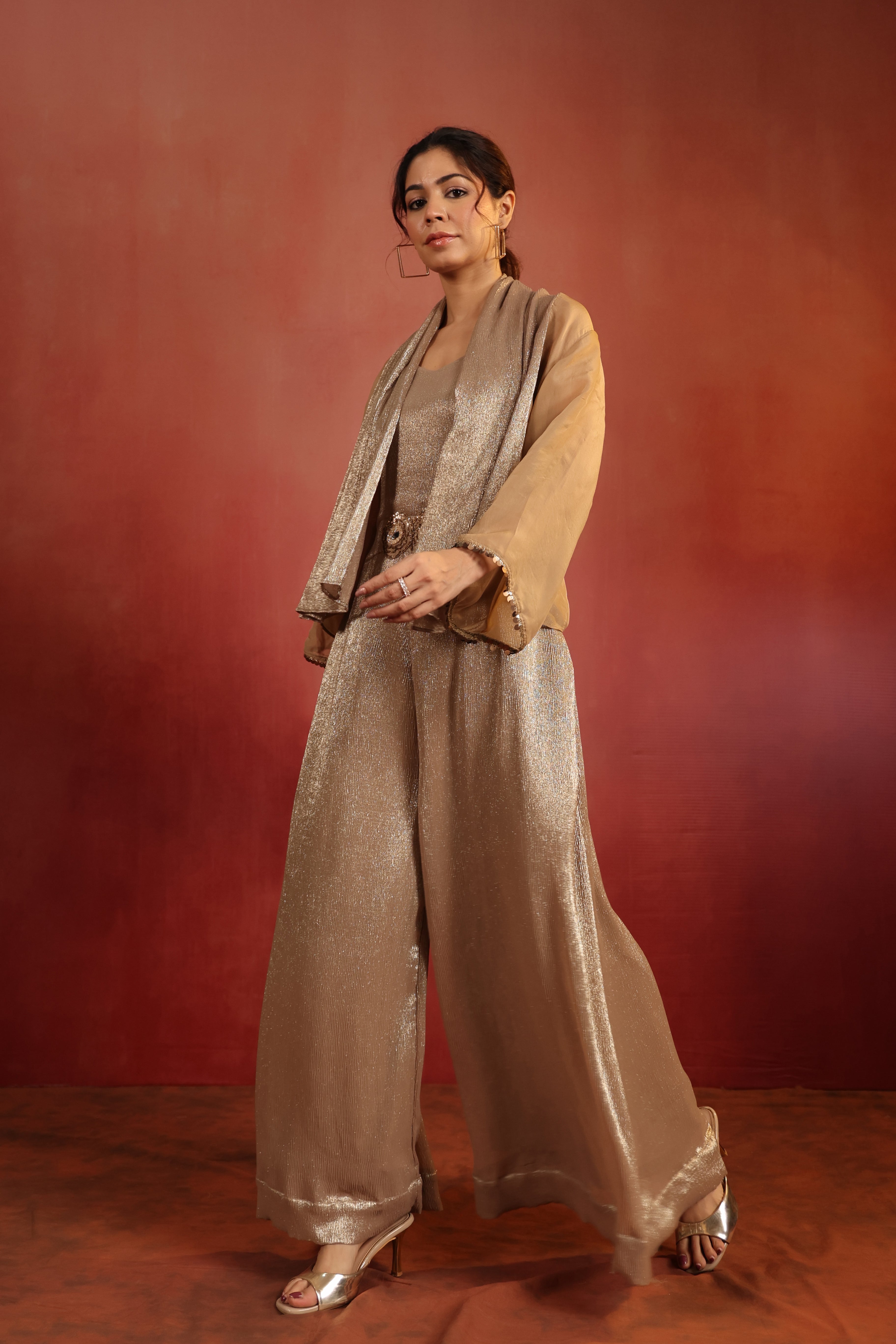 Beige Shimmer Jumpsuit with Cape