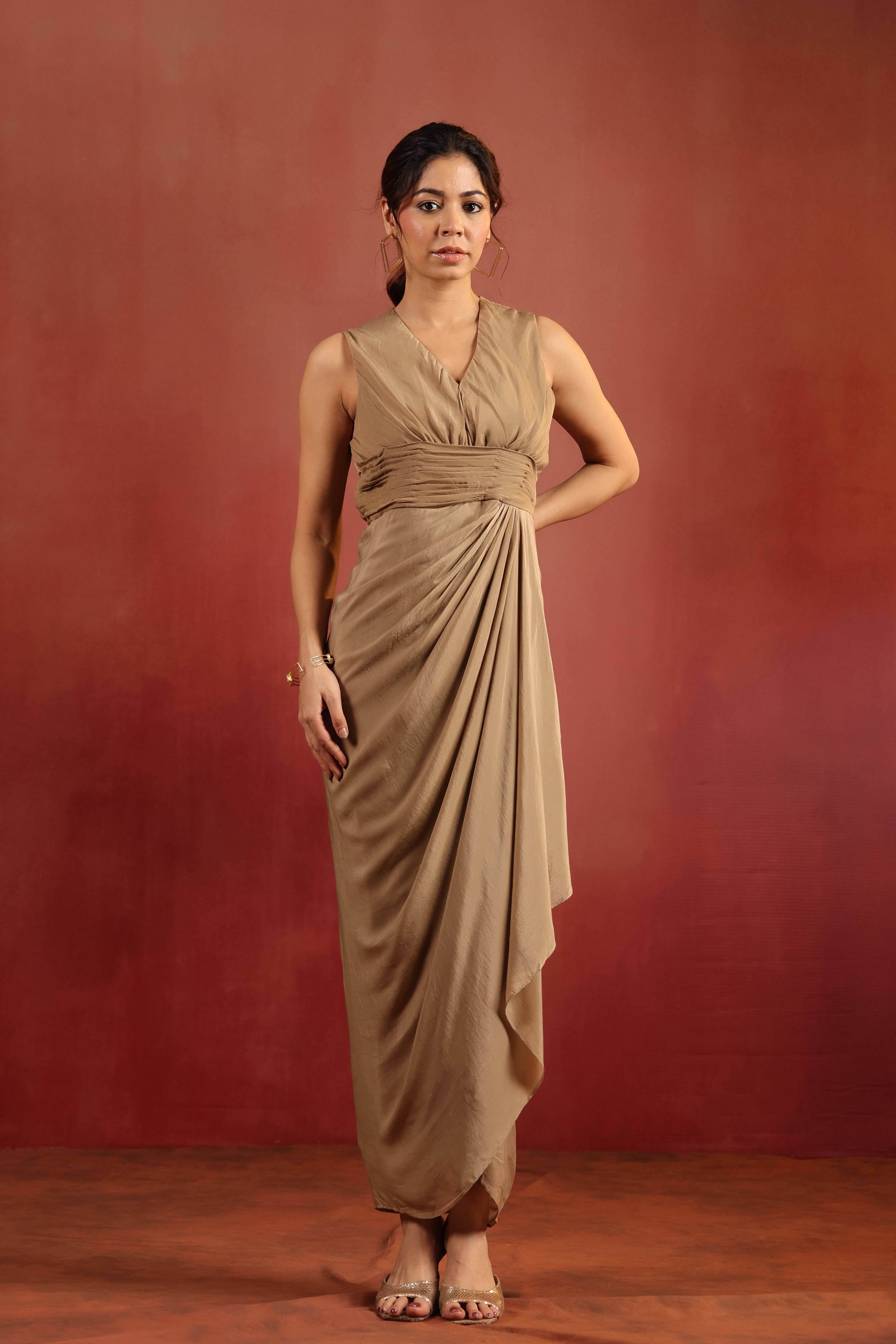 Beige Drape Dress with Cape