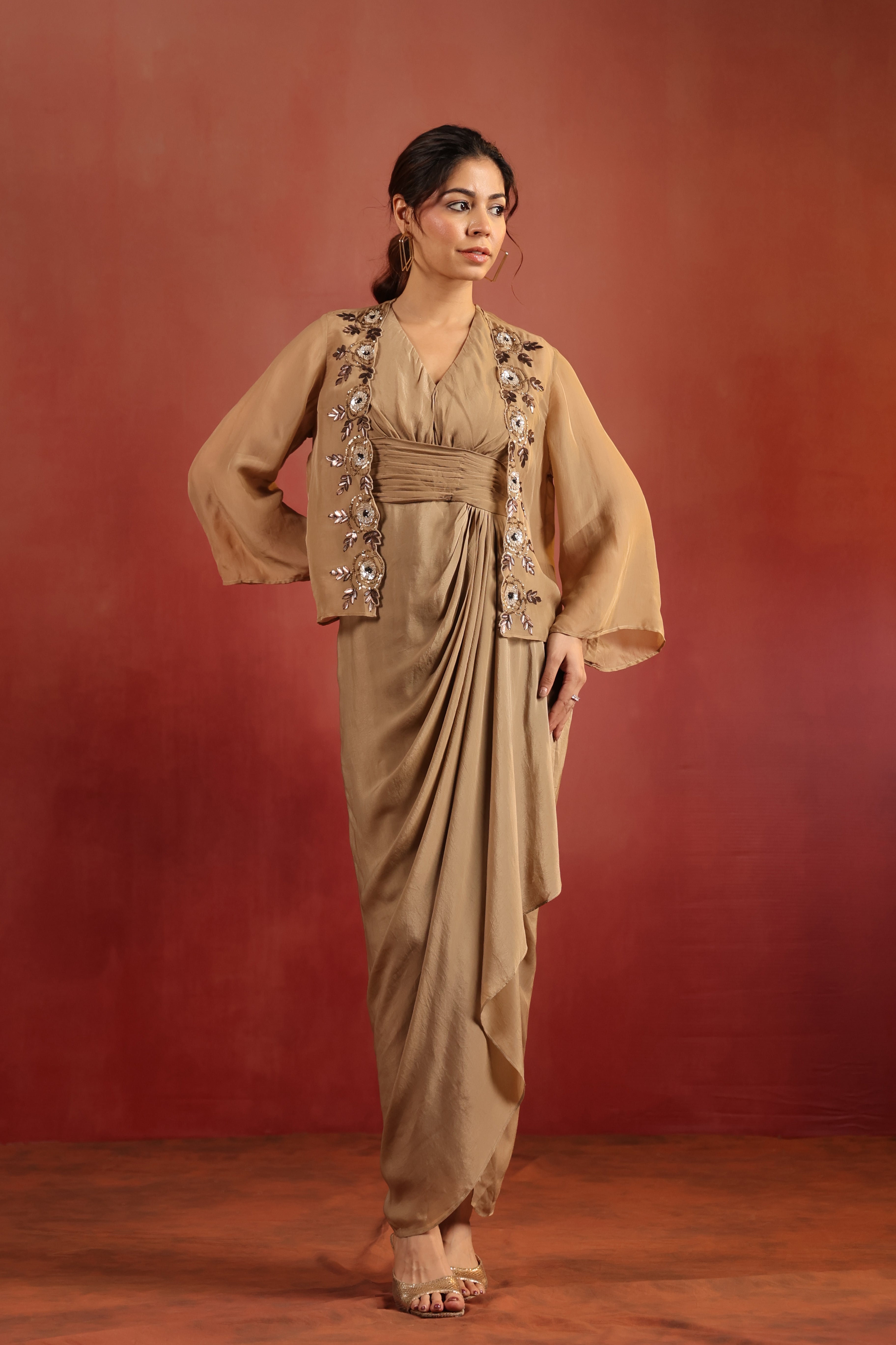 Beige Drape Dress with Cape