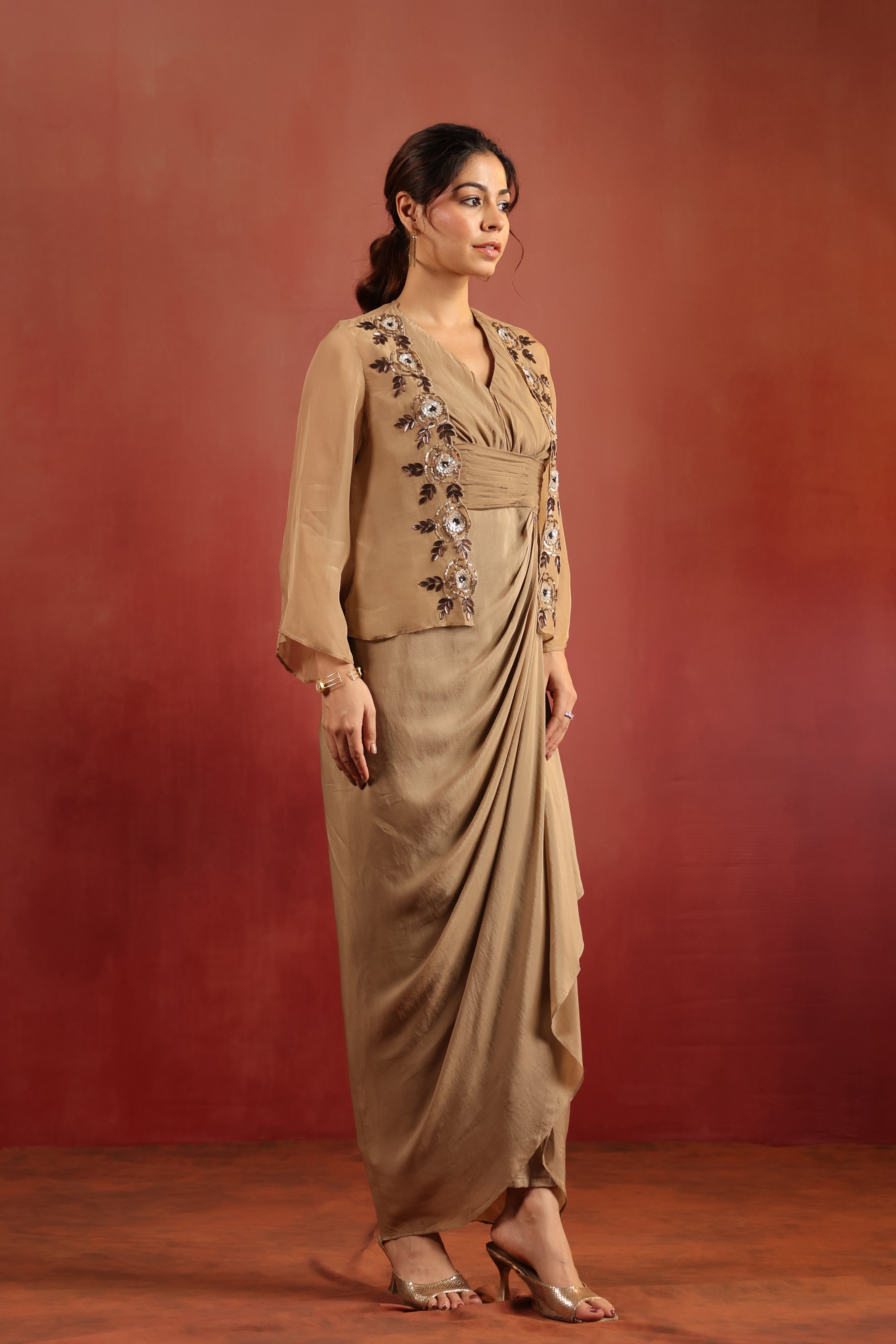 Beige Drape Dress with Cape