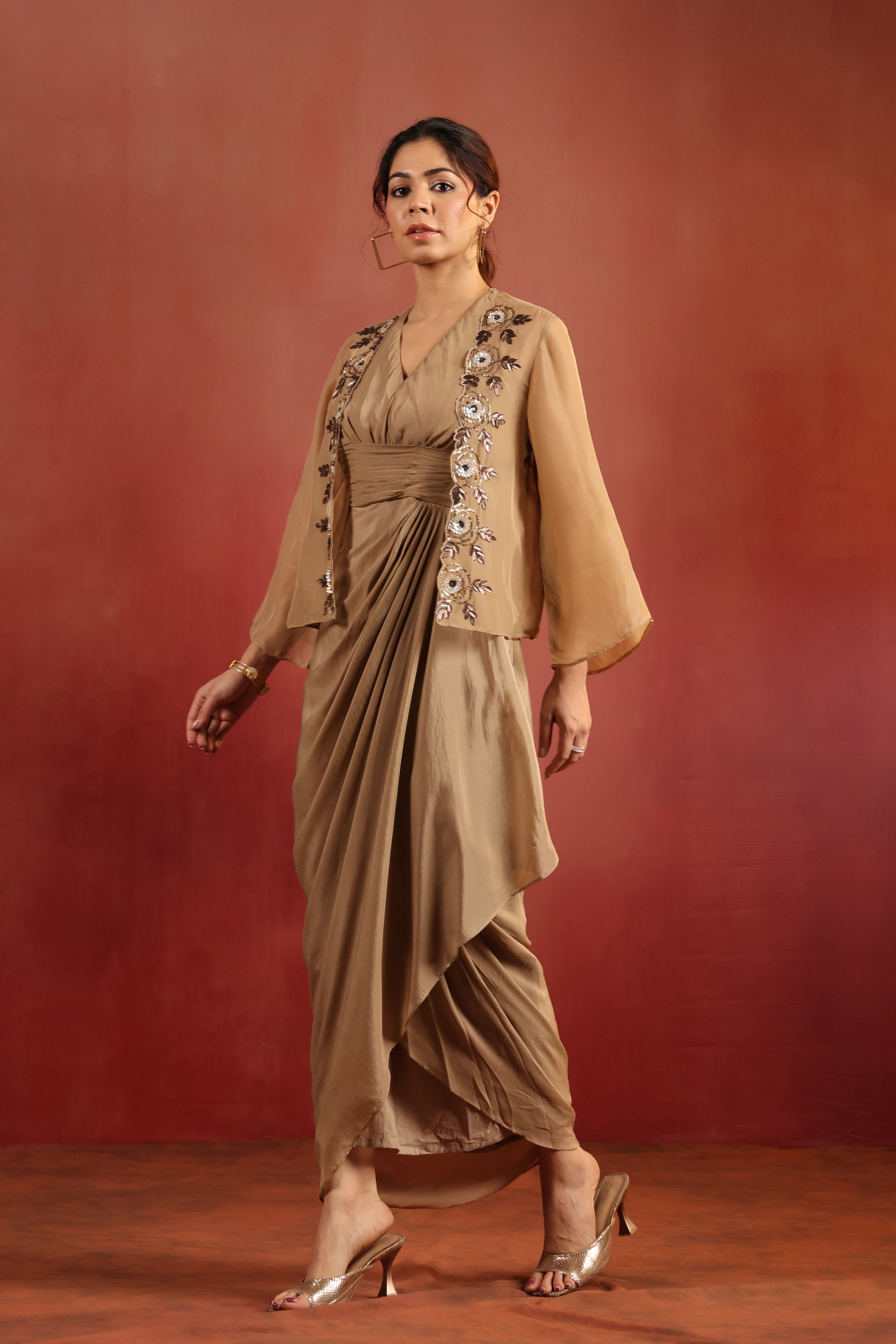 Beige Drape Dress with Cape