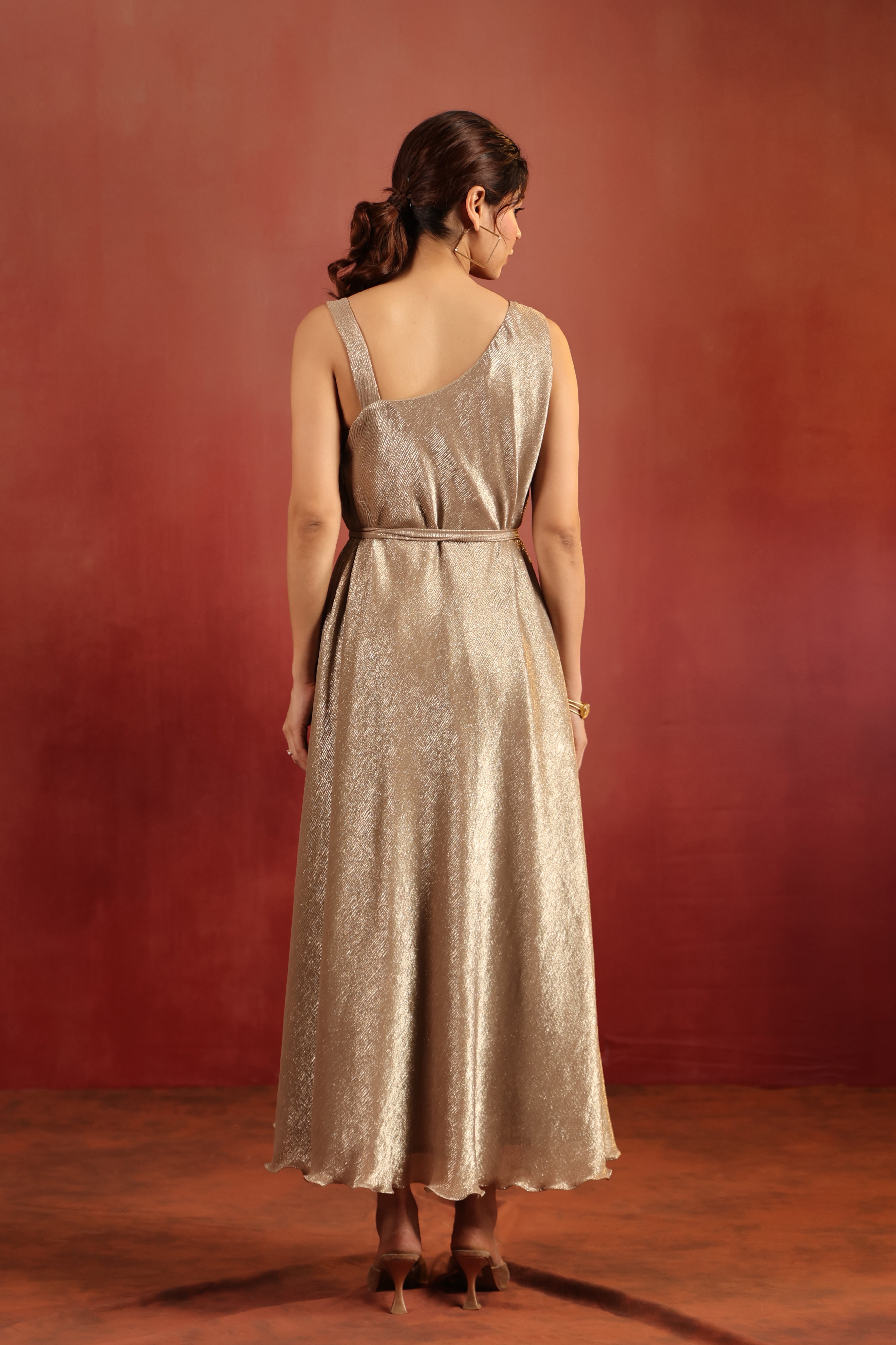Shimmer One Shoulder Belted Dress