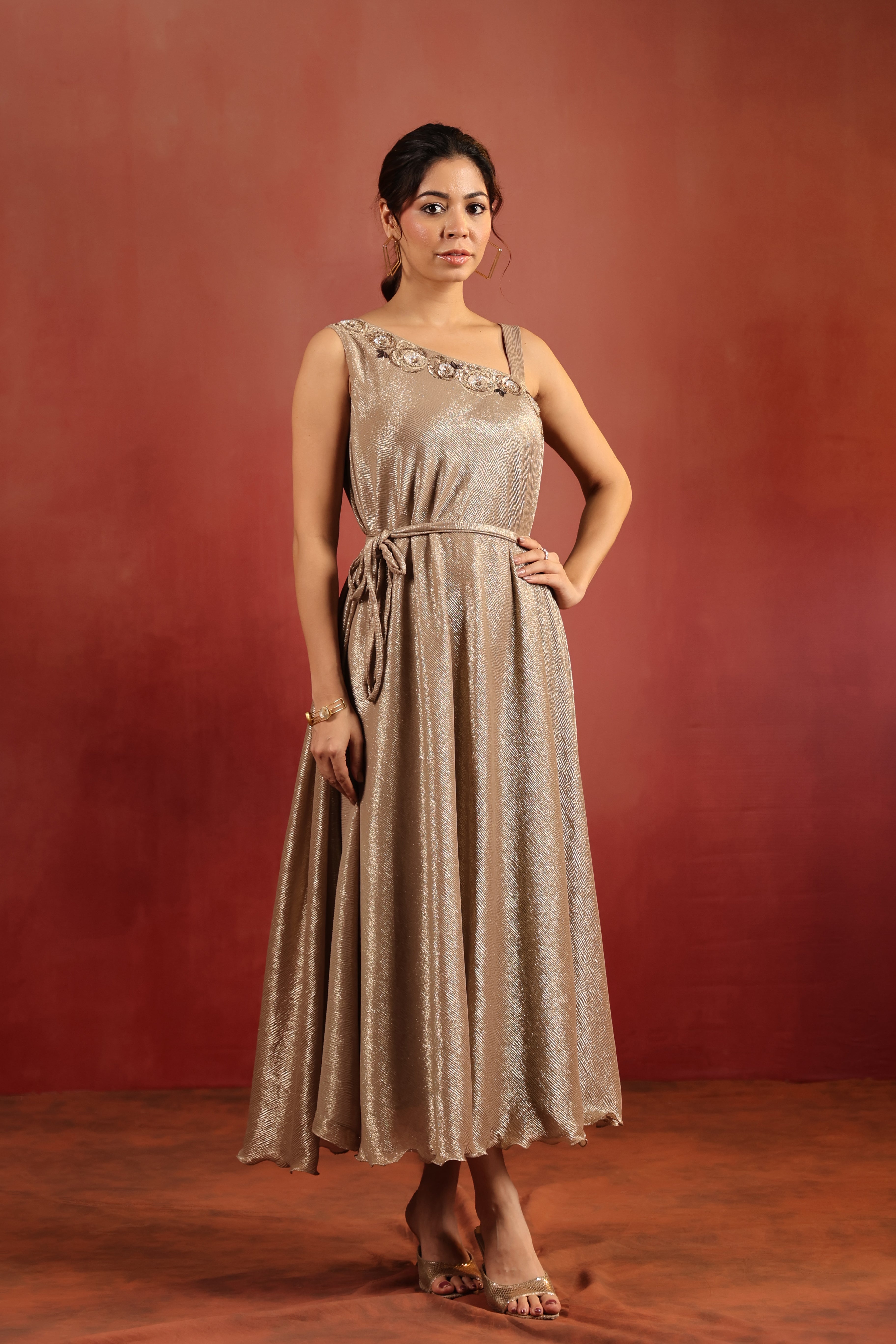 Shimmer One Shoulder Belted Dress