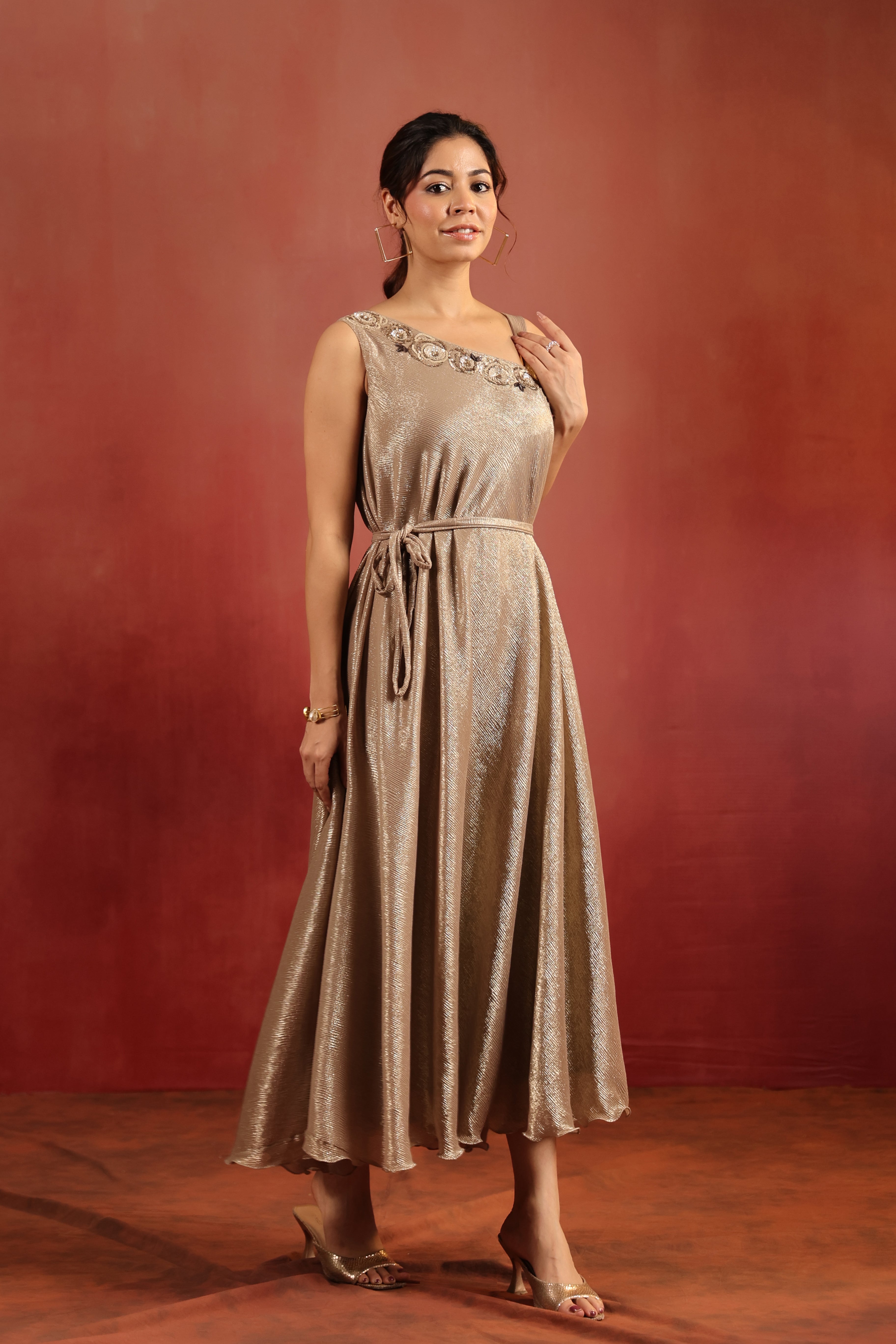 Shimmer One Shoulder Belted Dress