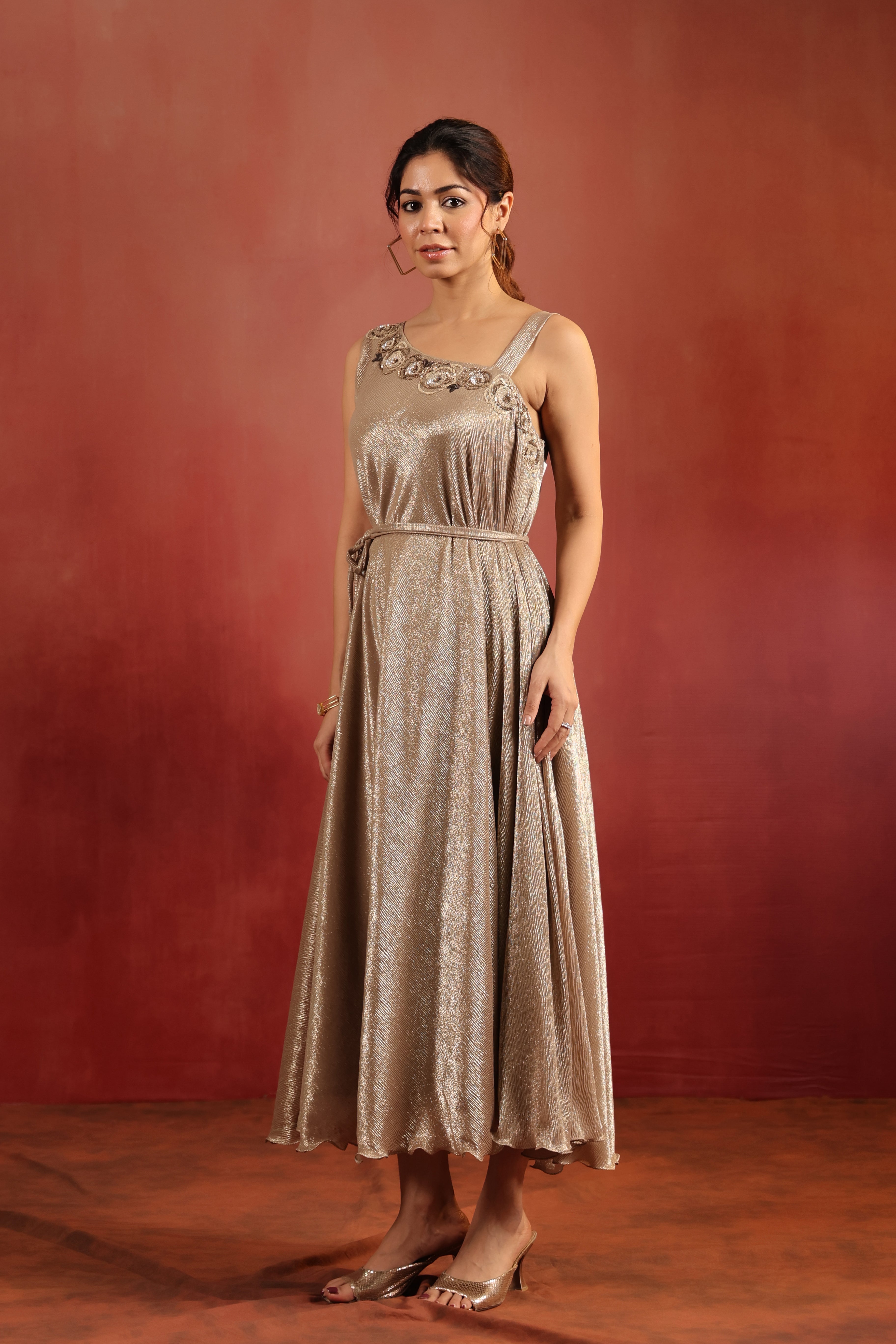 Shimmer One Shoulder Belted Dress