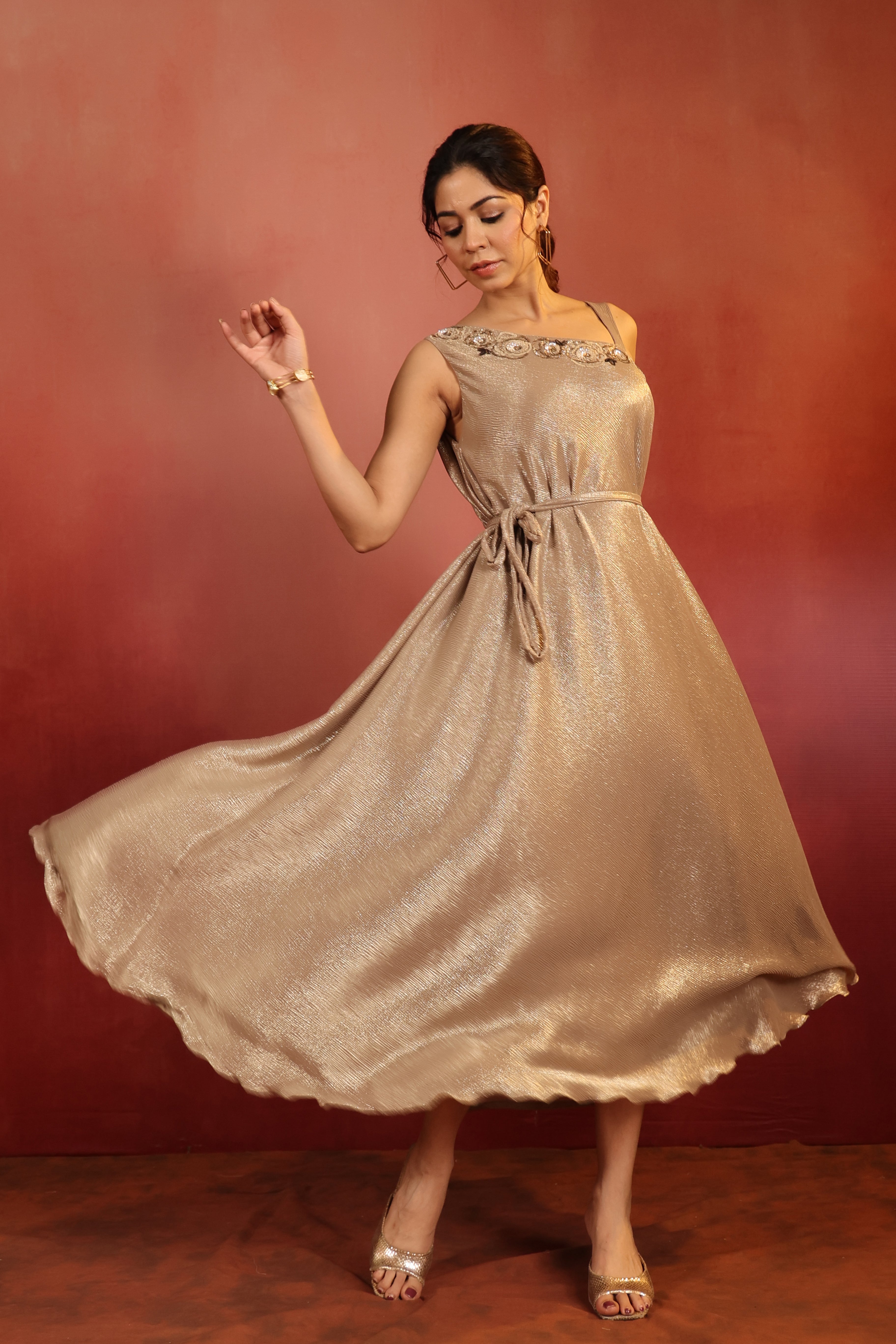 Shimmer One Shoulder Belted Dress