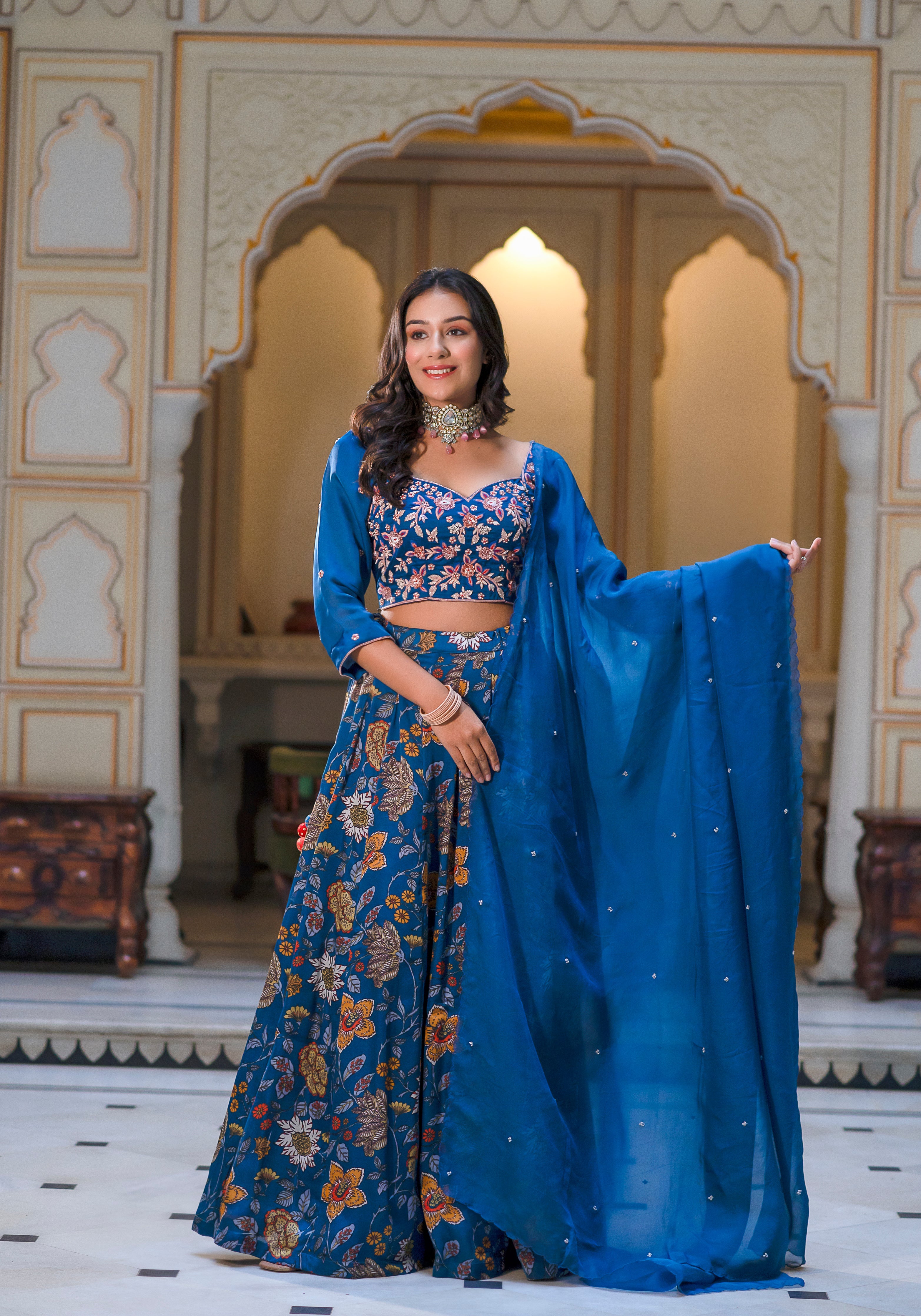 Azure Floral Fantasy Ht Silk  Lehenga Set- 3PCS