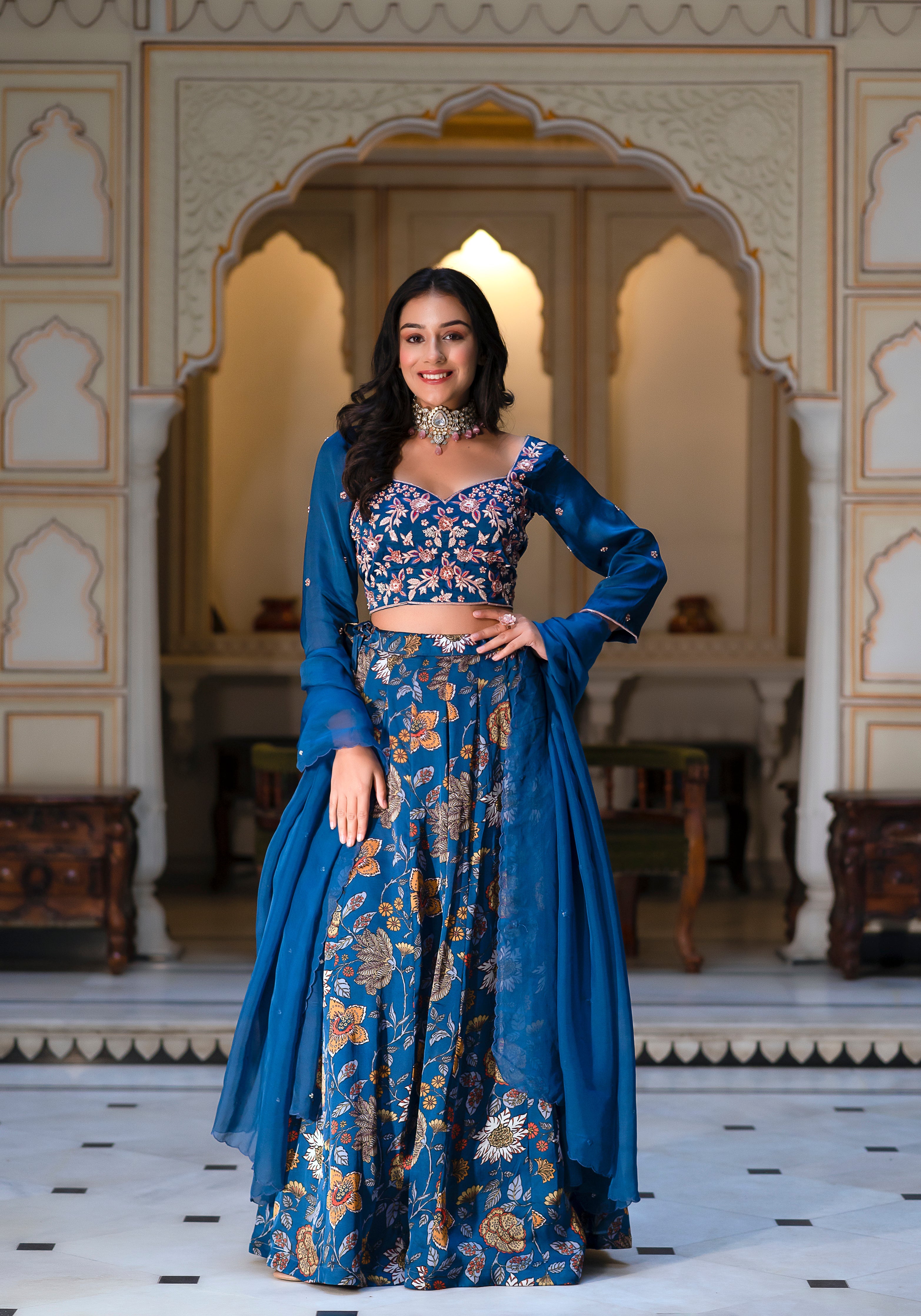 Azure Floral Fantasy Ht Silk  Lehenga Set- 3PCS
