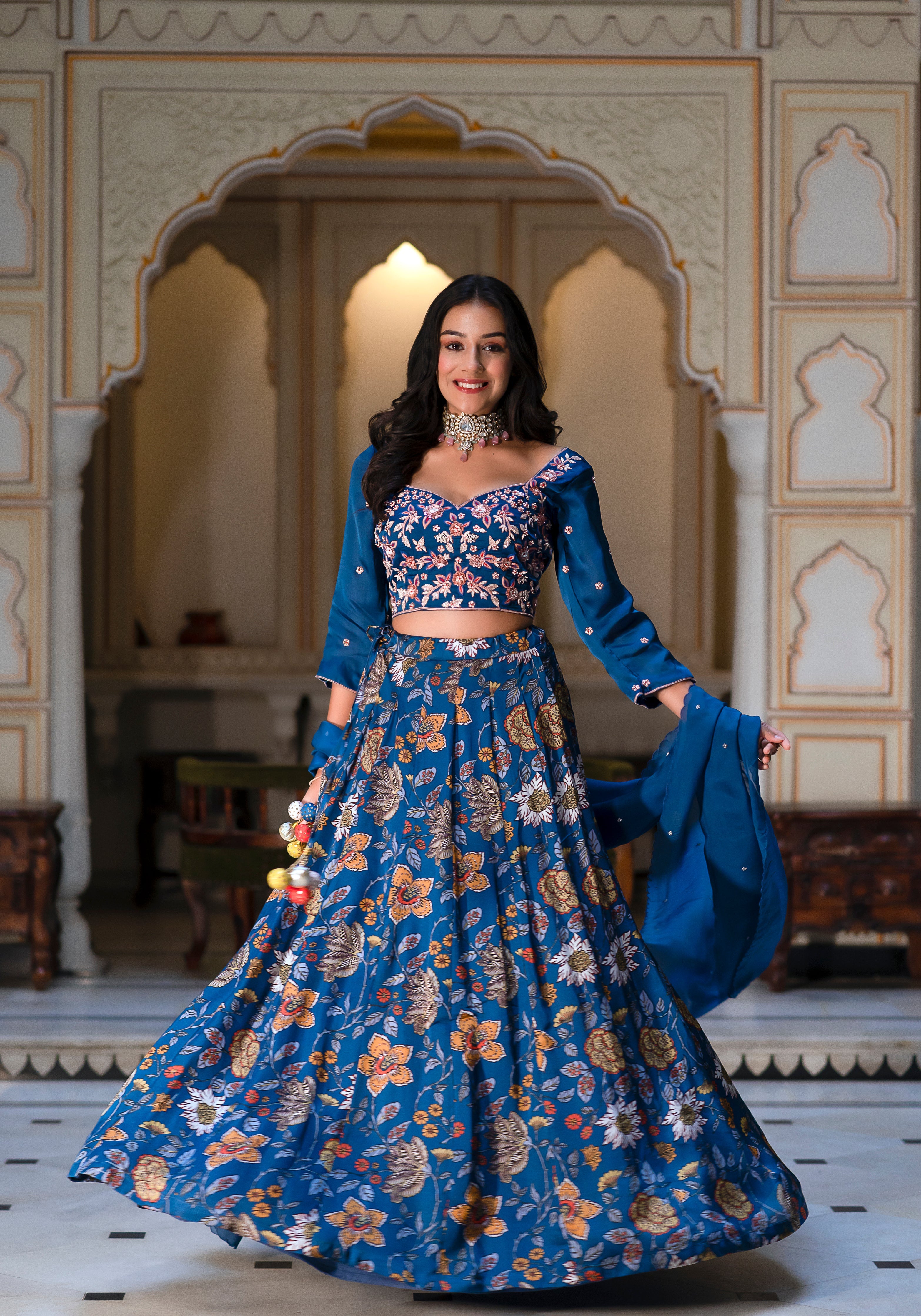 Azure Floral Fantasy Ht Silk  Lehenga Set- 3PCS