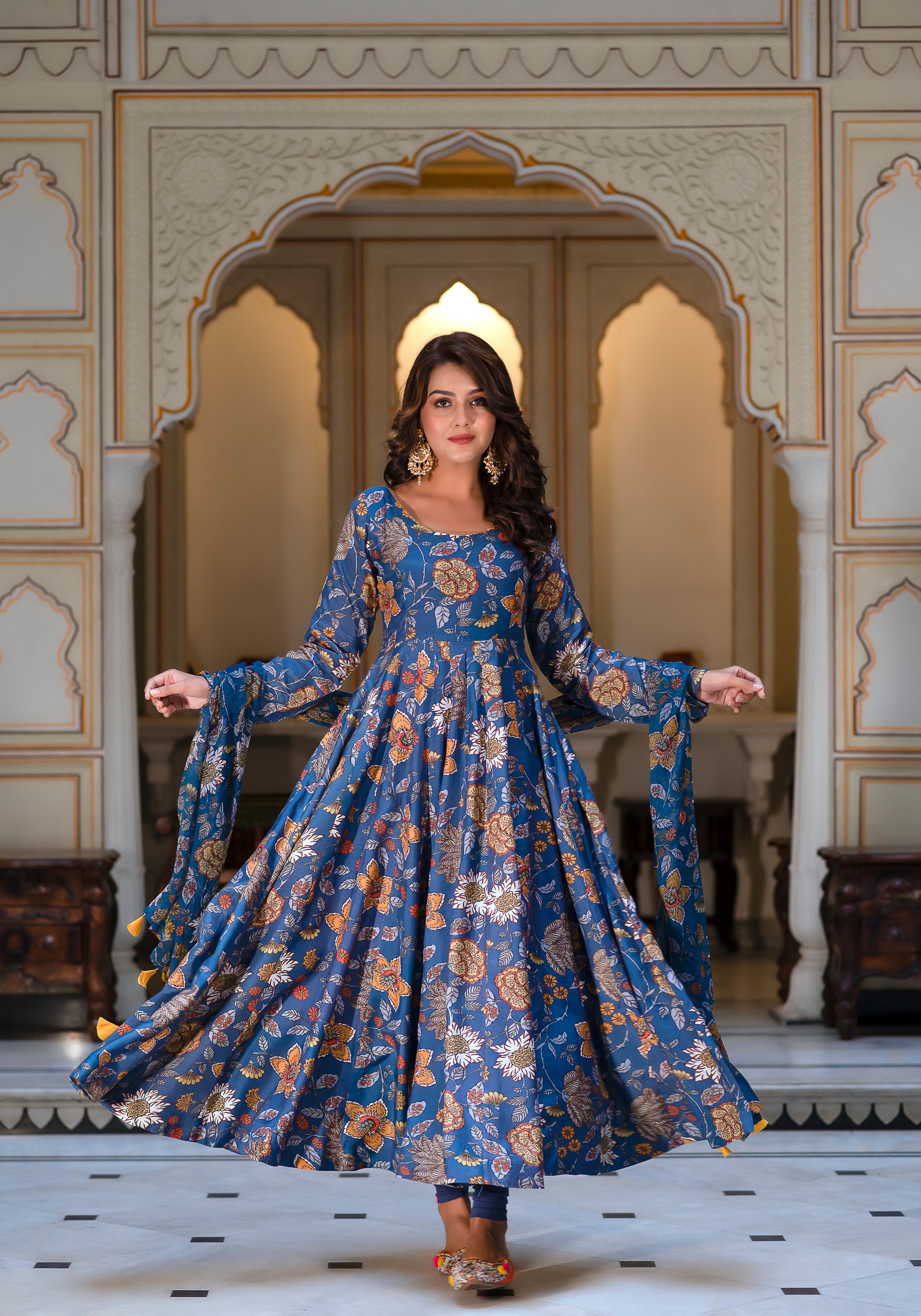 Azure Floral Fantasy Anarkali Set-3PCS
