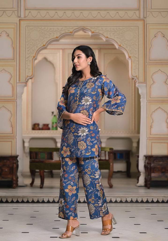 Azure Floral Fantasy Muslin Silk Co-Ord set