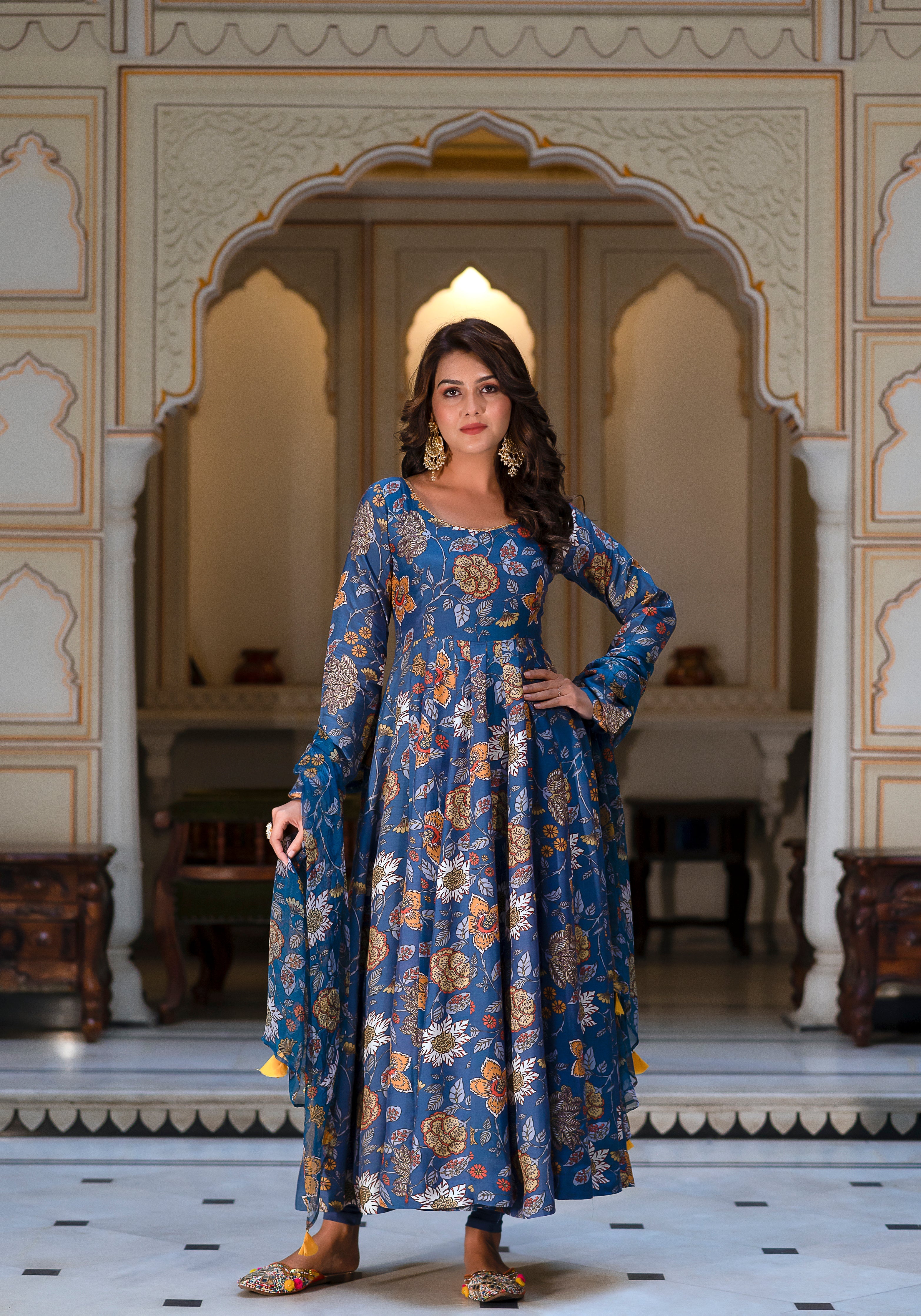 Azure Floral Fantasy Anarkali Set-3PCS
